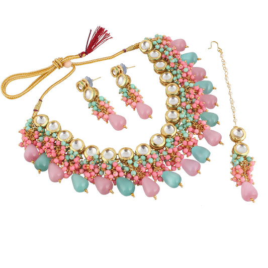 Lucky Jewellery Back Meenakari 18k Gold Plated Multicolor Tika Earring Combo Jewellery Set Uncut Kundan Big Faux Kundan Dibbi Kundan Choker Necklace Set for Girl's & Women