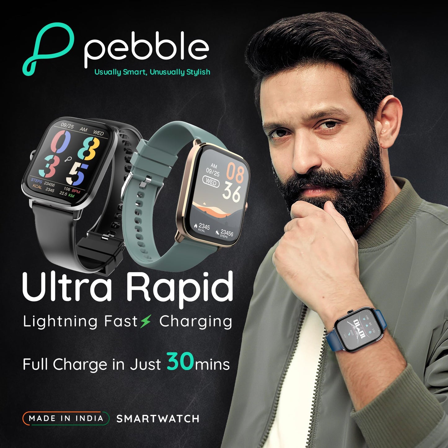 (Refurbished) Pebble Ultra Rapid 1.83" HD Display. India's First Fastest Charging, Premium Metal Built, Unisex Design Smartwatch (Winter Blue)