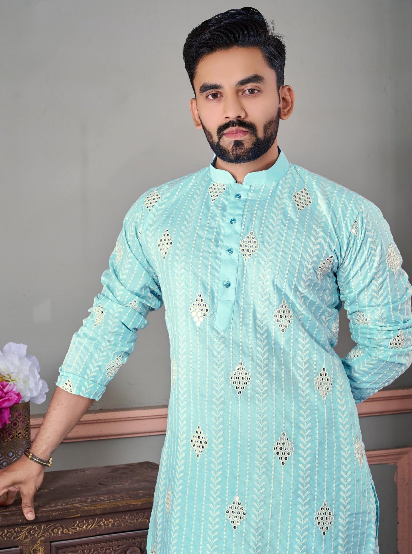 LAZZLY Men's Sequence Mirror Embroidered Cotton Silk Blend Only Slim Fit Kurta (in, Alpha, M, Regular, KDD_Sky)