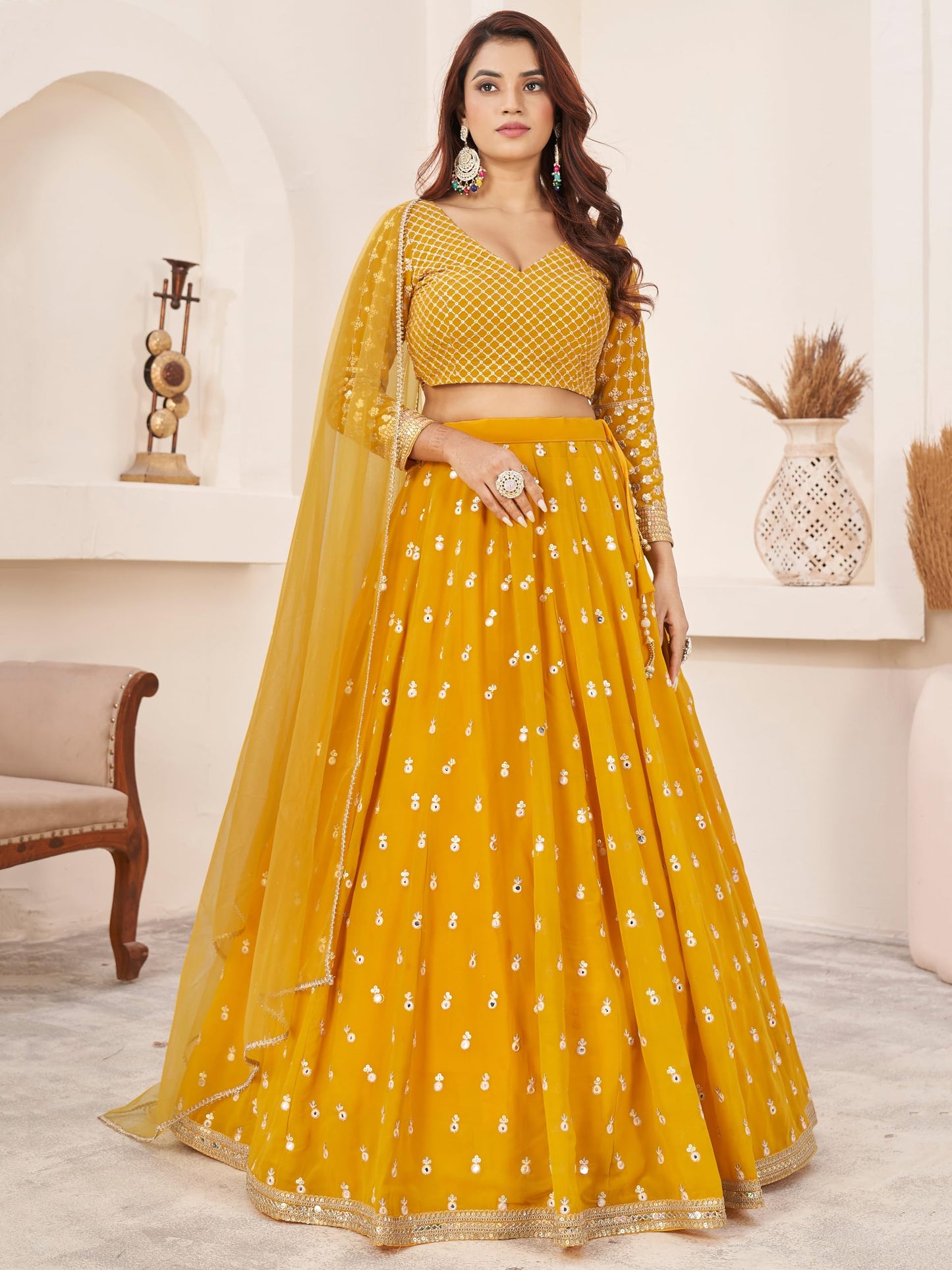 Zeel Clothing Women's Sequins Embroidered Georgette New Lehenga Choli with Dupatta (5071-Yellow-Wedding-Lehenga-Choli-Latest; Free Size)