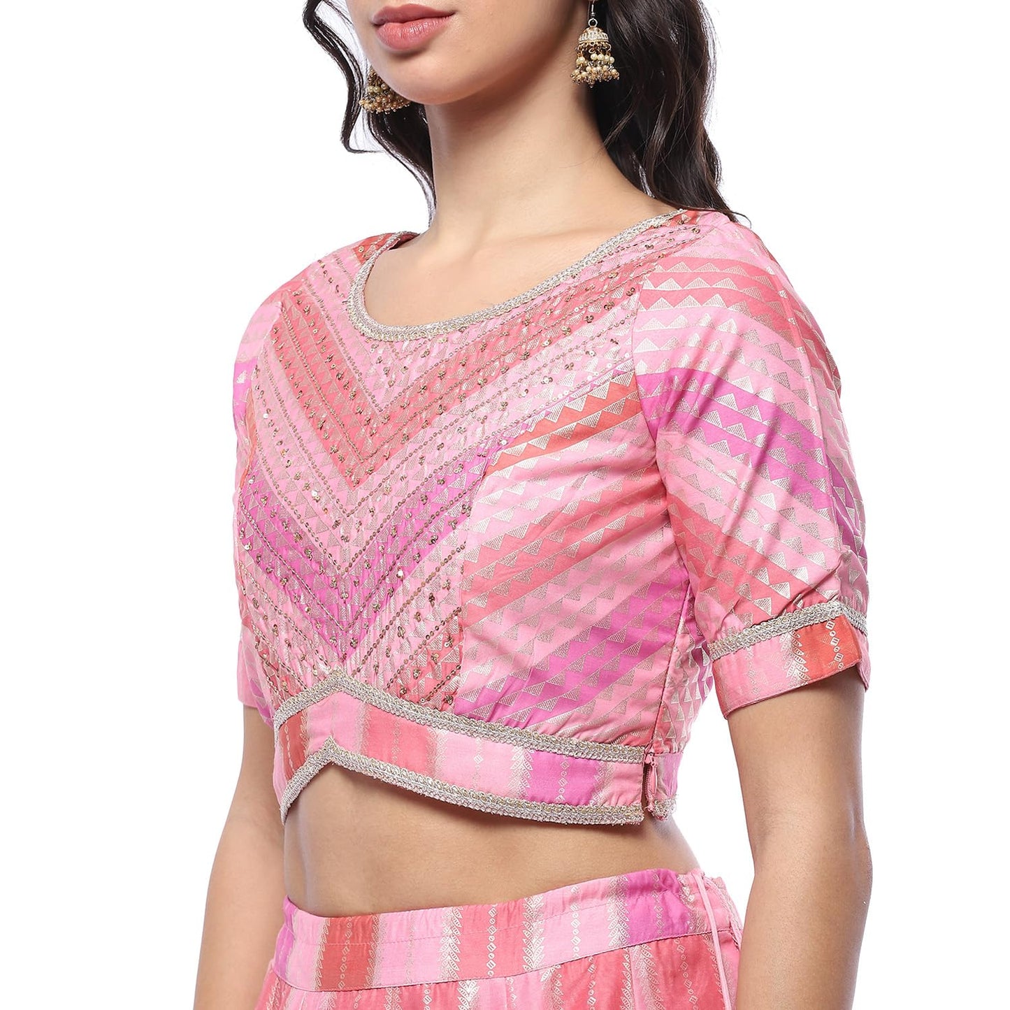 Pink Polyester Straight Lehenga Set