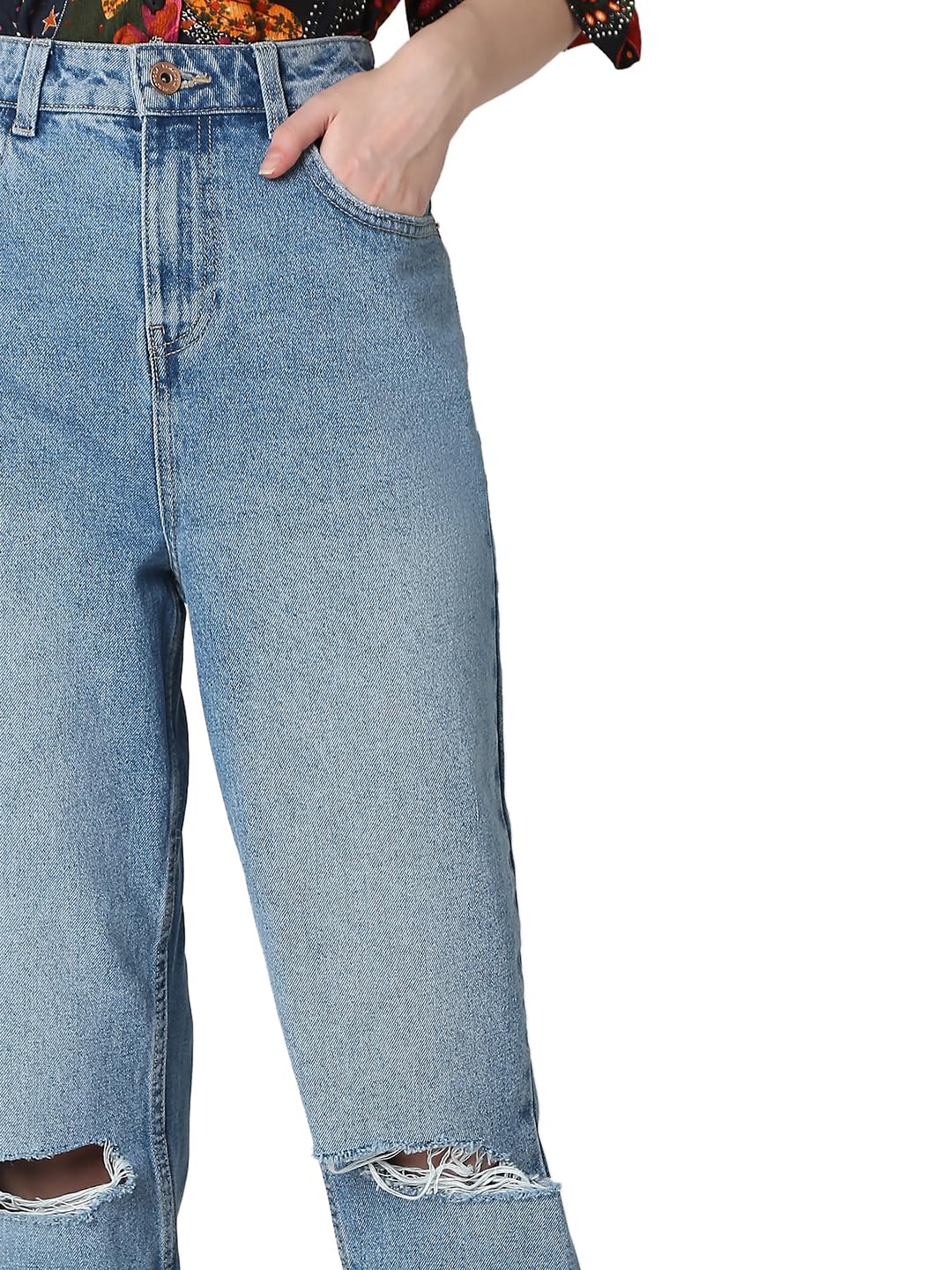 VERO MODA Women Solid Light Blue Cotton Straight Fit High Rise Ankle Length Jeans