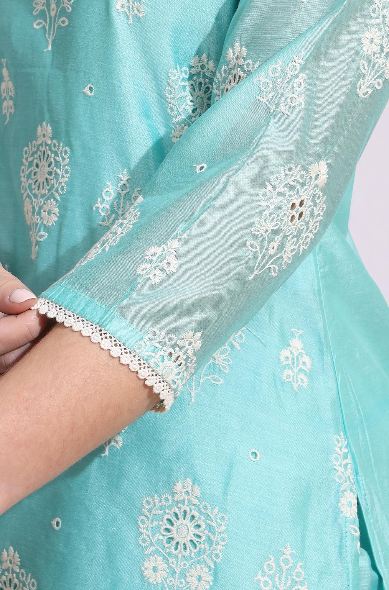 W for Woman Turquiose Blue Schiffli Embroidered Straight Kurta, Pants and Dupatta Set (Size: M)-WS12329-400786