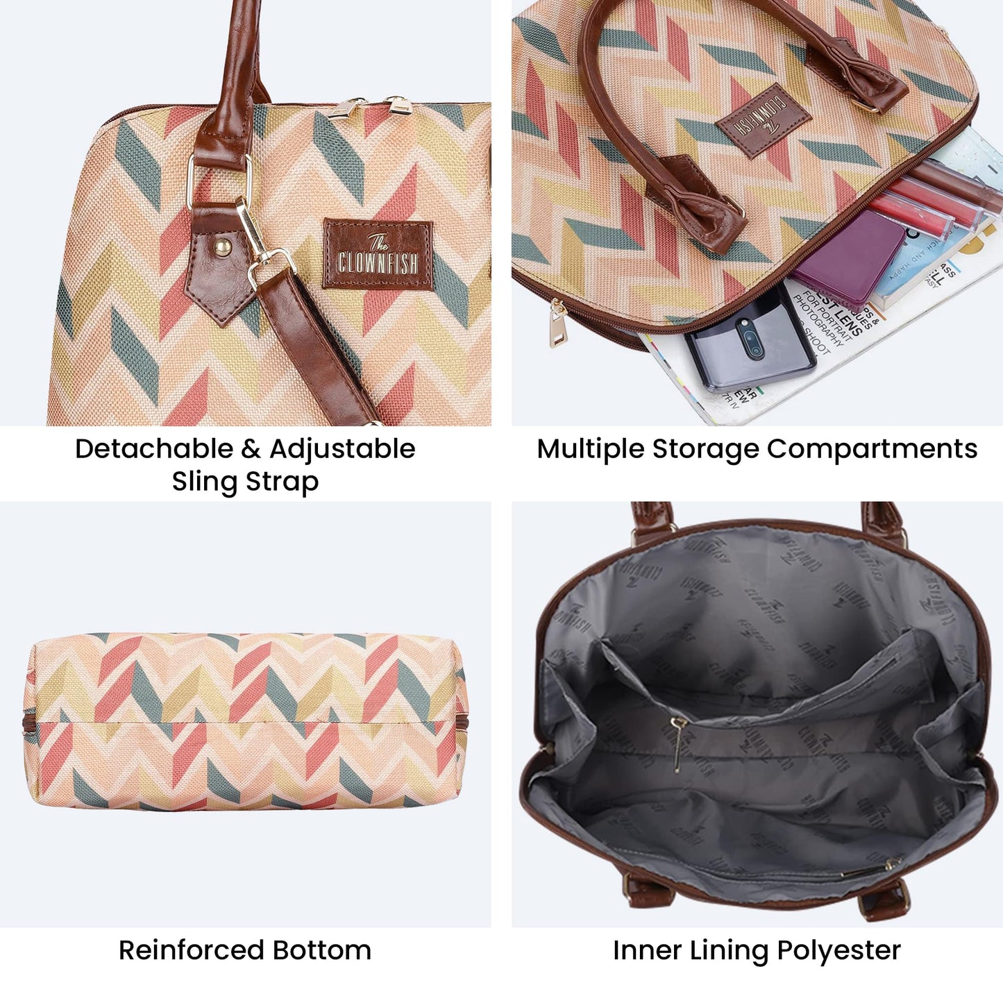 THE CLOWNFISH Montana Series Printed Handicraft Fabric & Faux leather Handbag for Women Office Bag Ladies Purse Shoulder Bag Tote For Women College Girls (Cream-1)