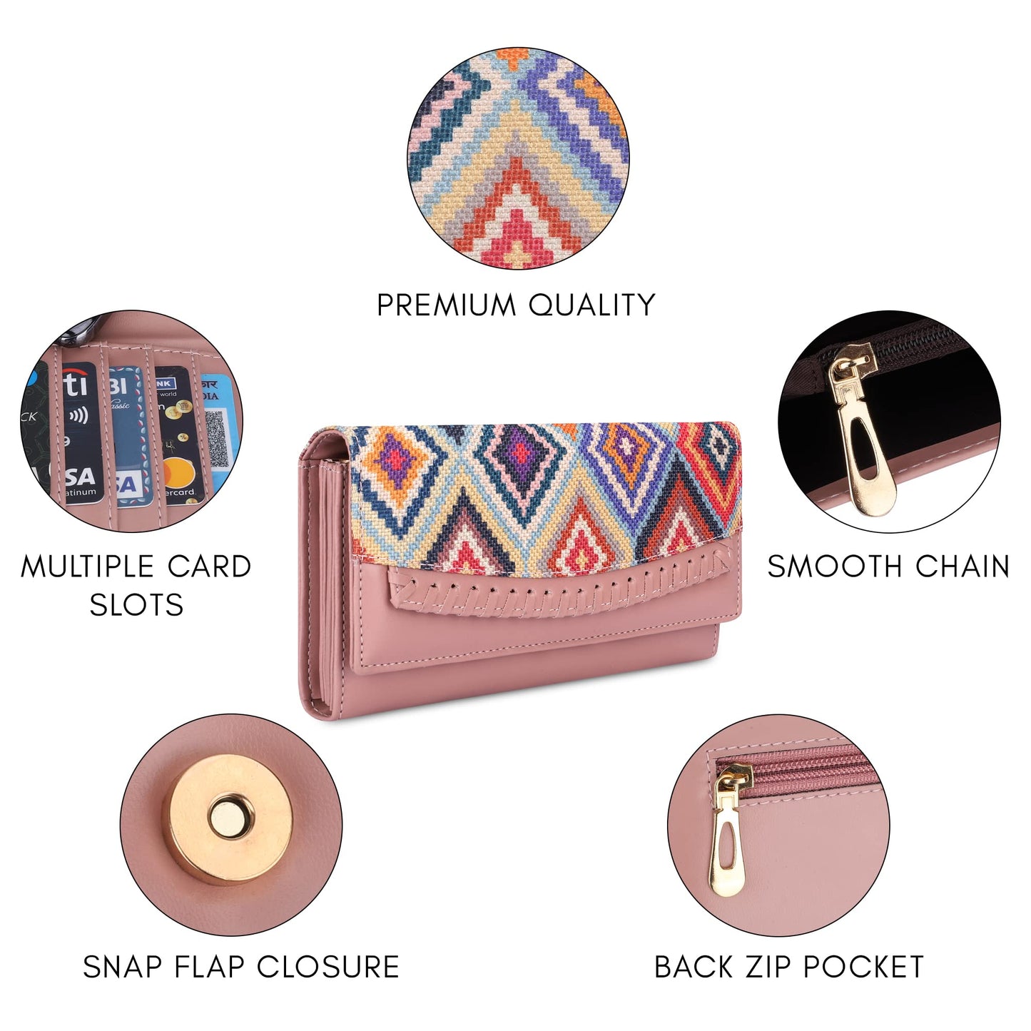 THE CLOWNFISH Ladyluxe Collection Printed Handicraft Fabric & Faux Leather Womens Wallet Clutch Ladies Purse with Multiple Card Slots (Multicolour-Diamond Design)