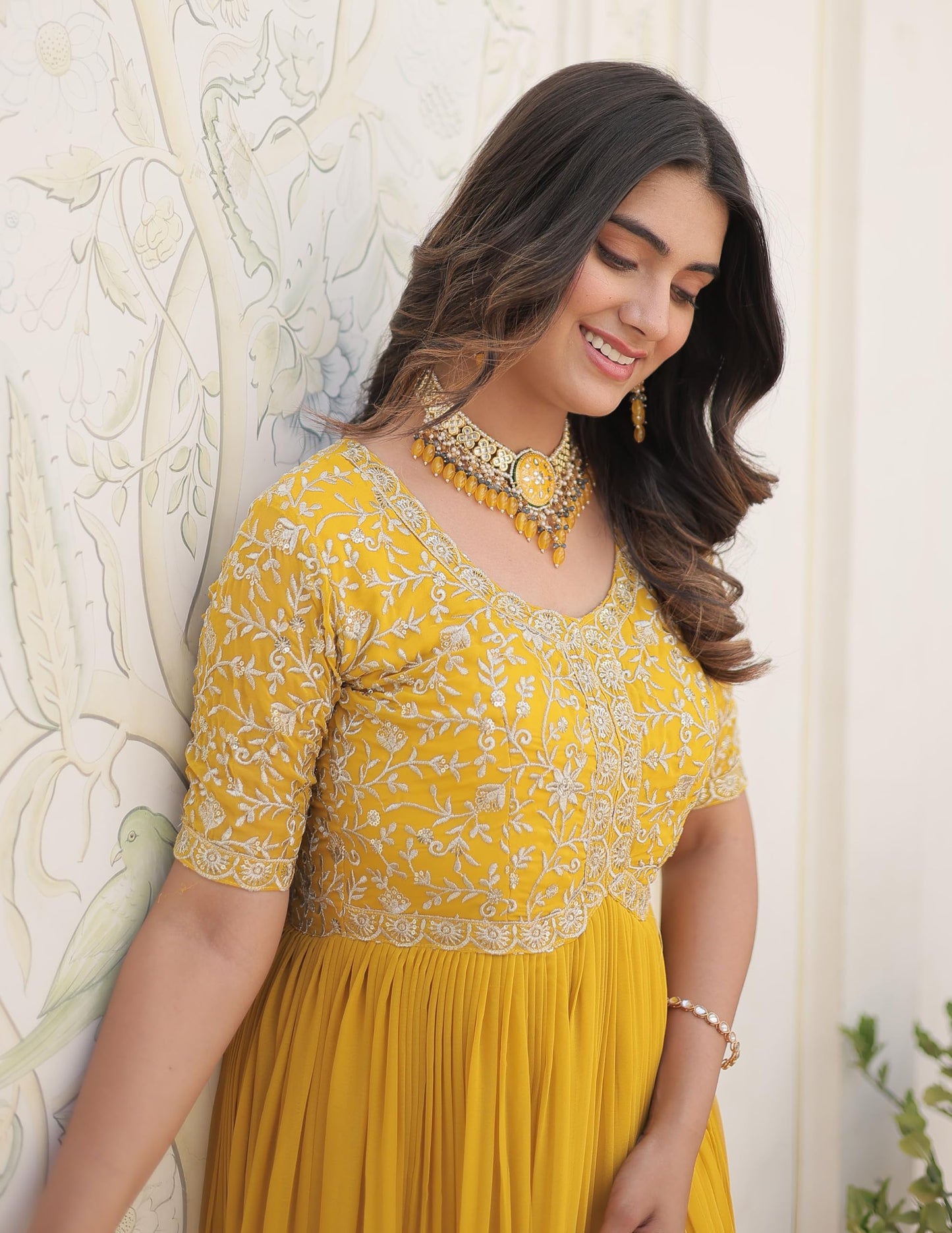 Fashion Basket Red Georgette Embroidered Anarkali Kurta Set for Women (in, Alpha, XL, Regular, Yellow)