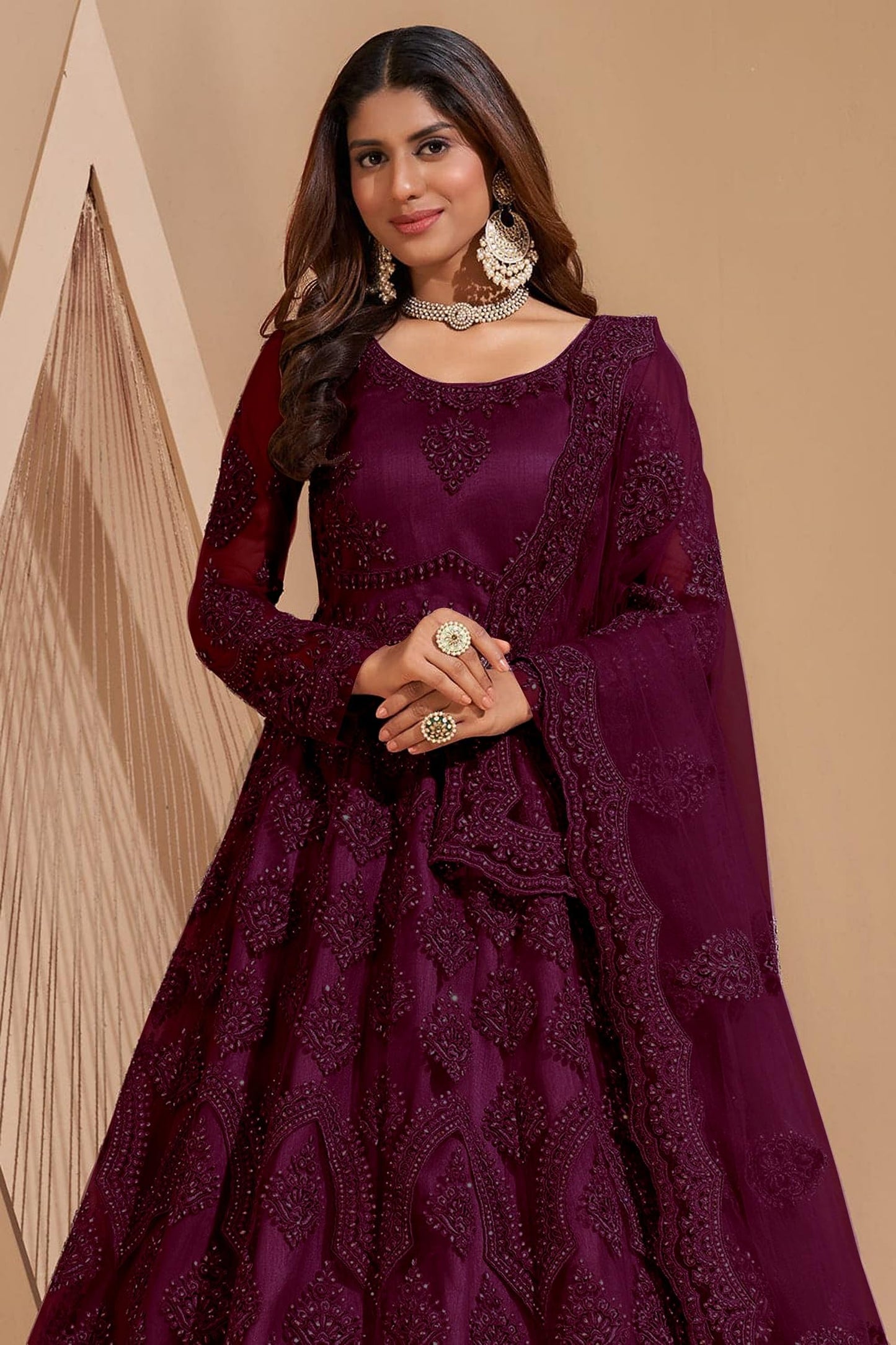 JULEE Women A-Line Maxi Net Embroidered Semi-Stitched Gown (Sunita Gown Dark Rani) 6XL