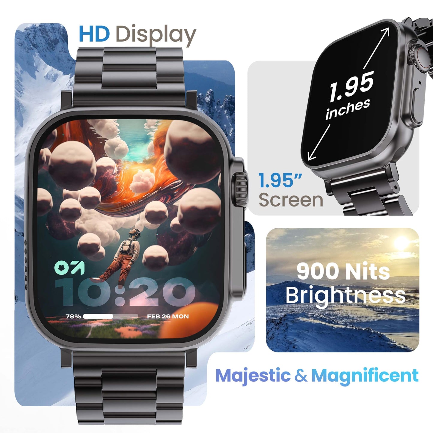 GOBOULT Newly Launched Crown Smart Watch 1.95'' Screen, BT Calling, Working Crown, Zinc Alloy Frame, 900 Nits Brightness, AI Voice Assistant, SpO2 Monitoring, 120+ Sports Mode (Chrome)