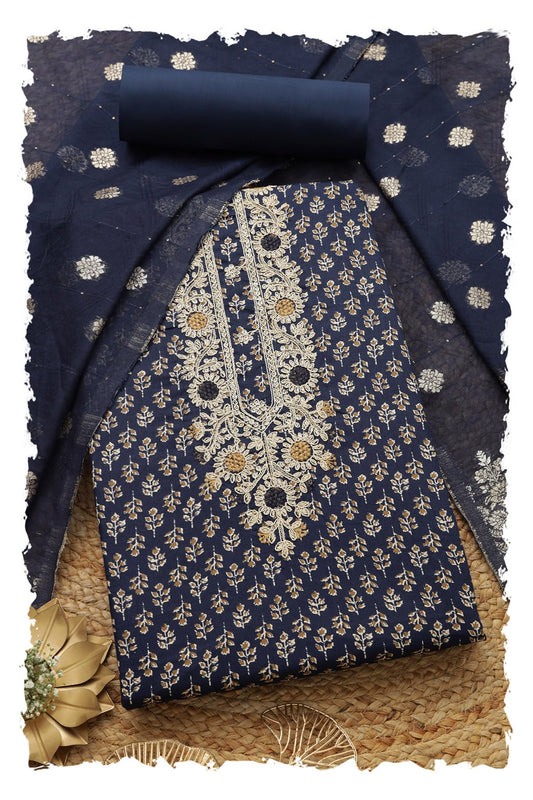 Soch Womens Navy Blue Jam Cotton Floral Print Unstitch Dress Material With Zari