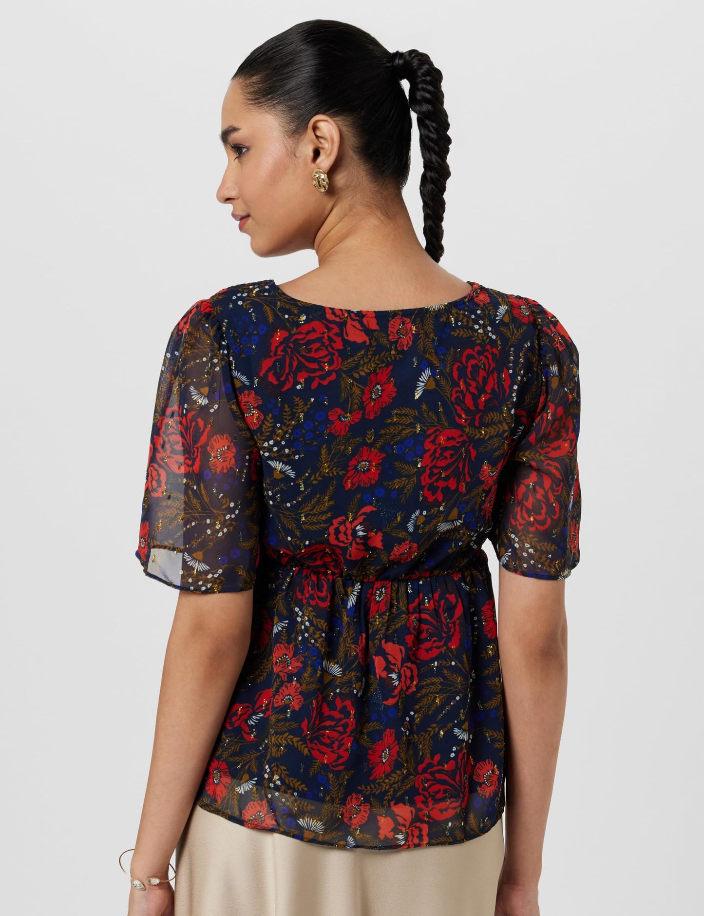 VERO MODA Women Floral Print Navy Polyester Peplum Top