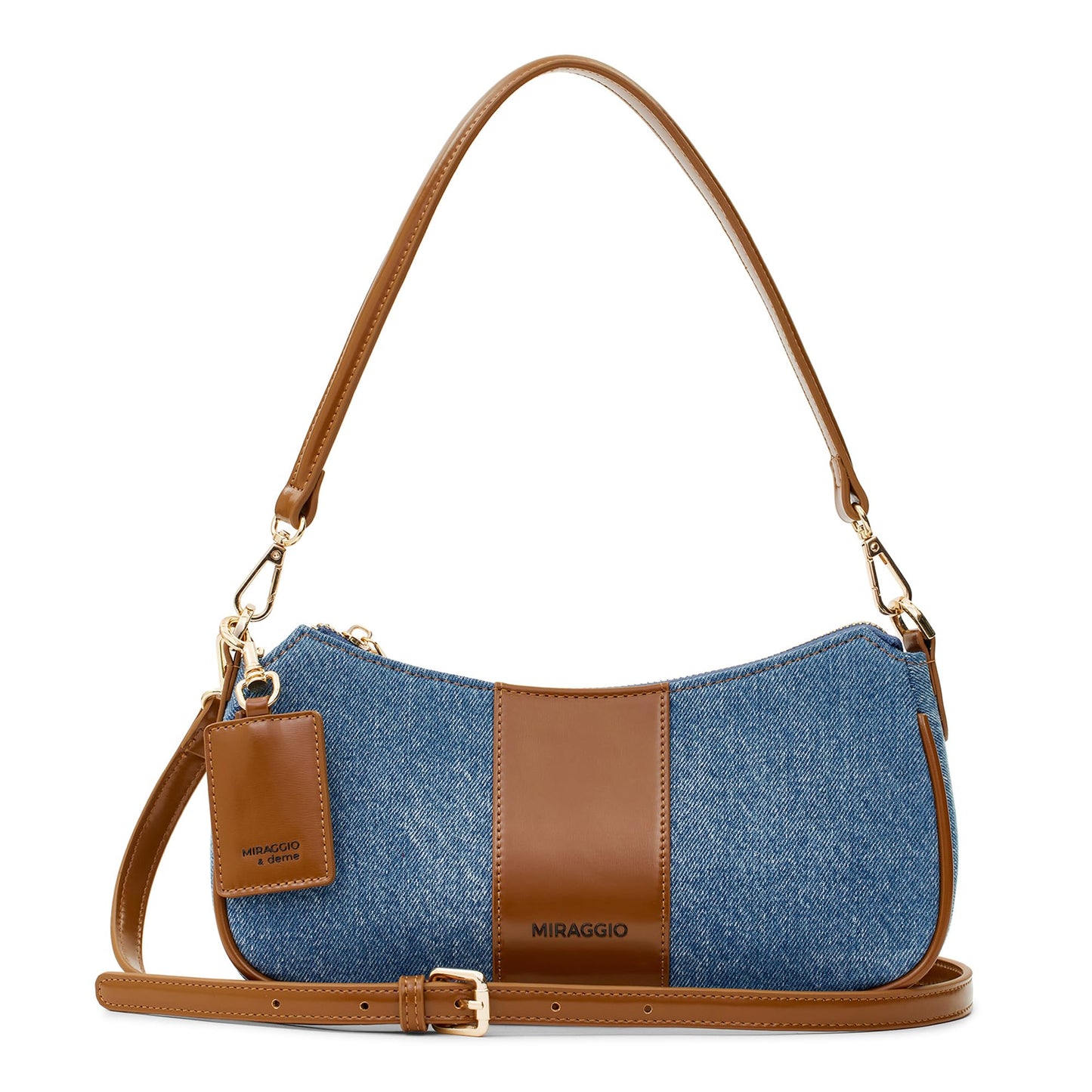 Miraggio Bella Denim Shoulder Bag with Adjustable & Detachable Sling/Crossbody Strap for Women (Denim & Brown)