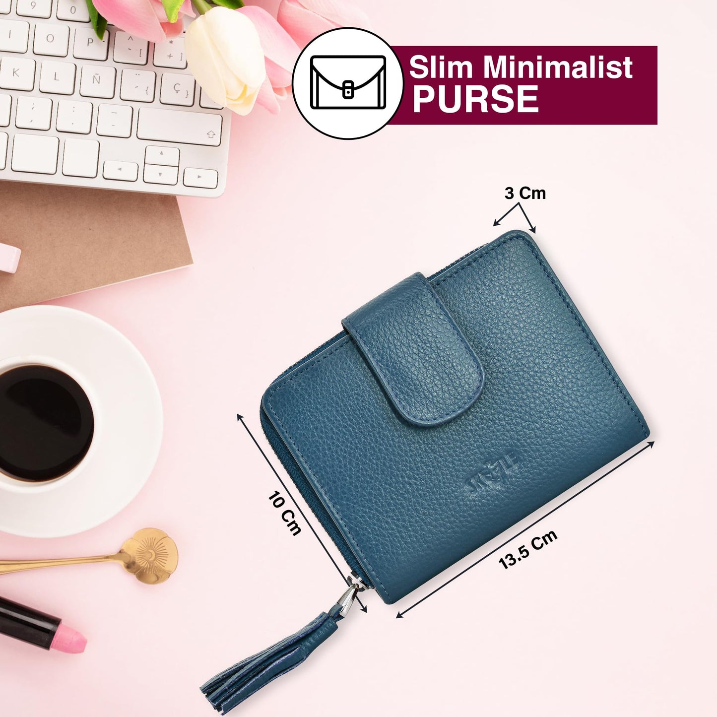 SKYLE Leather Wallet for Women (Blue), RFID Wallets for Girls, Small Ladies Wallet, 14 Card Slots, Cash & Coin Compartment, Purse with Button Closure & Strong Zipper