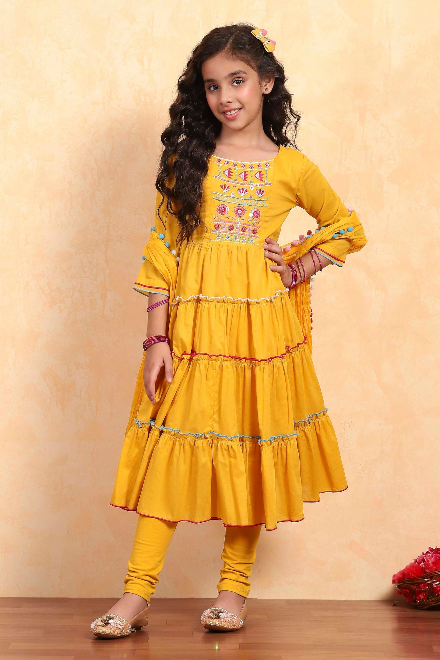 Biba Girl's Yellow Cotton Tiered Solid Suit Set