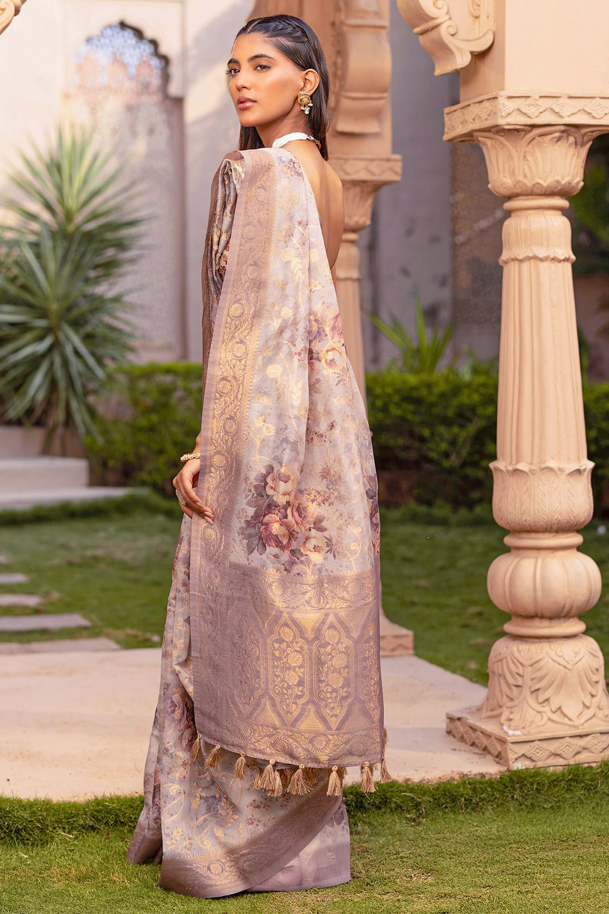 Soch Womens Beige Chanderi Floral Print Saree