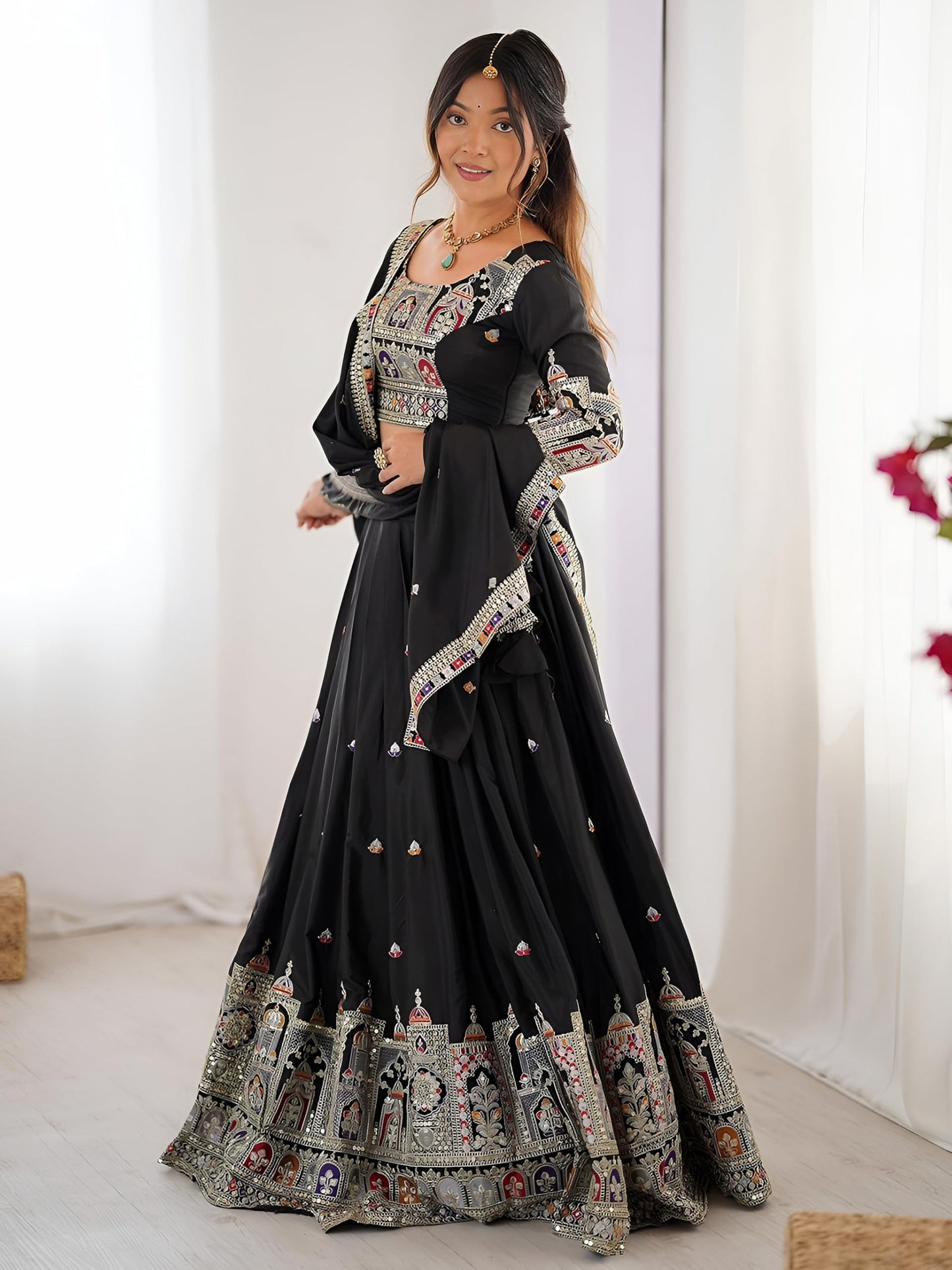 Zeel Clothing Women's Sequins Thread Embroidered French Crepe Lehenga Choli With Dupatta (5118-Black-Women-Lehenga-Choli-Latest; Free size) (Black)