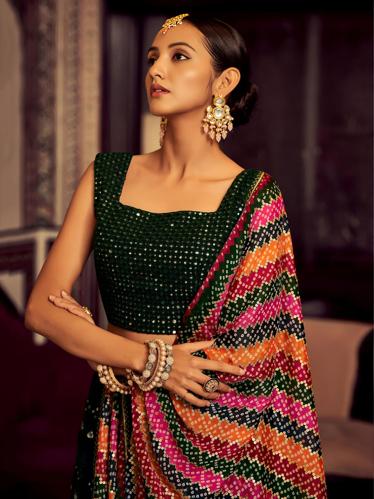 Zeel Clothing Women's Sequins Thread Embroidered Georgette Lehenga Choli With Dupatta (6003-Green-Women-Lehenga-Choli-New; Free Size)(Green)