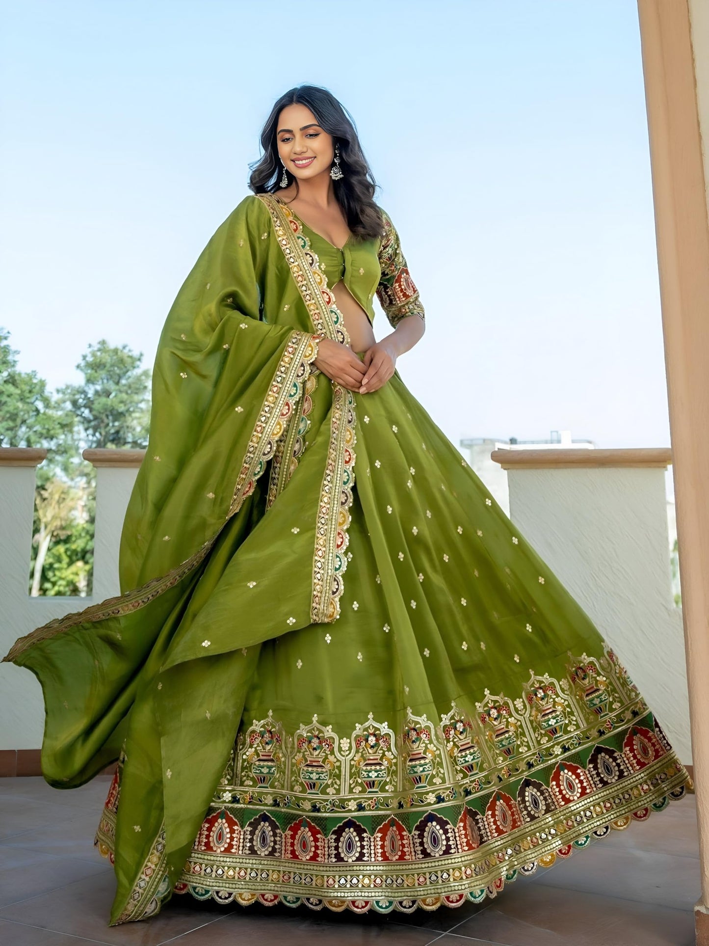 Zeel Clothing Women's Sequins Thread Embroidered Cosmos Silk Lehenga Choli With Dupatta (5128-Women-Lehenga-Choli-Latest; Free size) (Green)