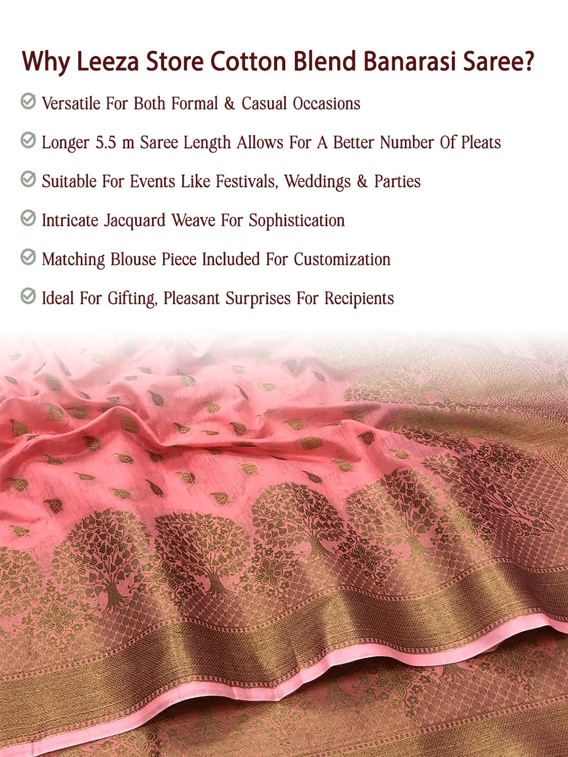 leeza store Women's Pink Cotton Silk Blend Golden Zari Tree Pattern Border Rich Pallu Banarasi Saree With Blouse Piece