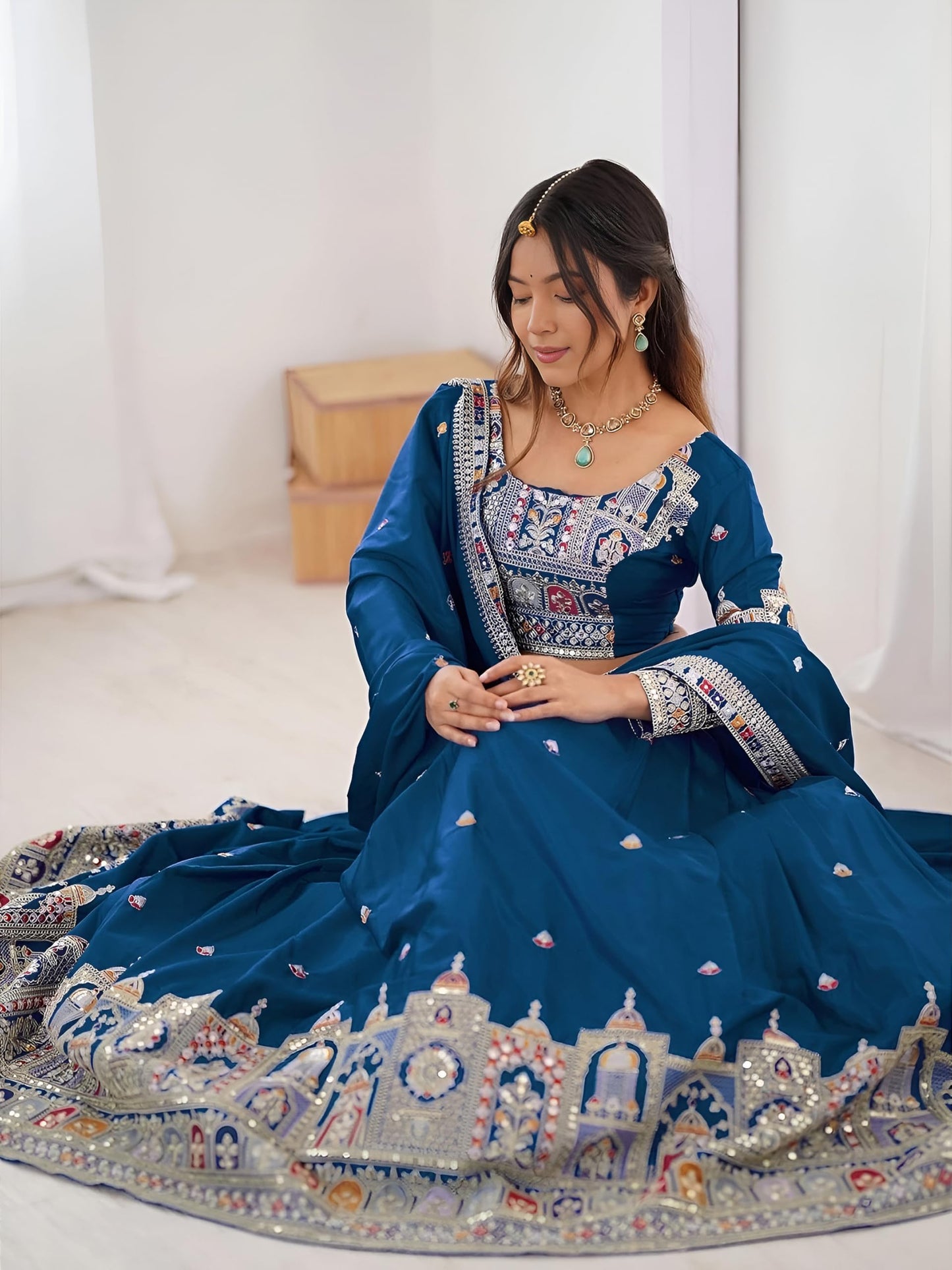 Zeel Clothing Women's Sequins Thread Embroidered French Crepe Lehenga Choli With Dupatta (5118-Dove-Blue-Women-Lehenga-Choli; Free size) (Dove Blue)