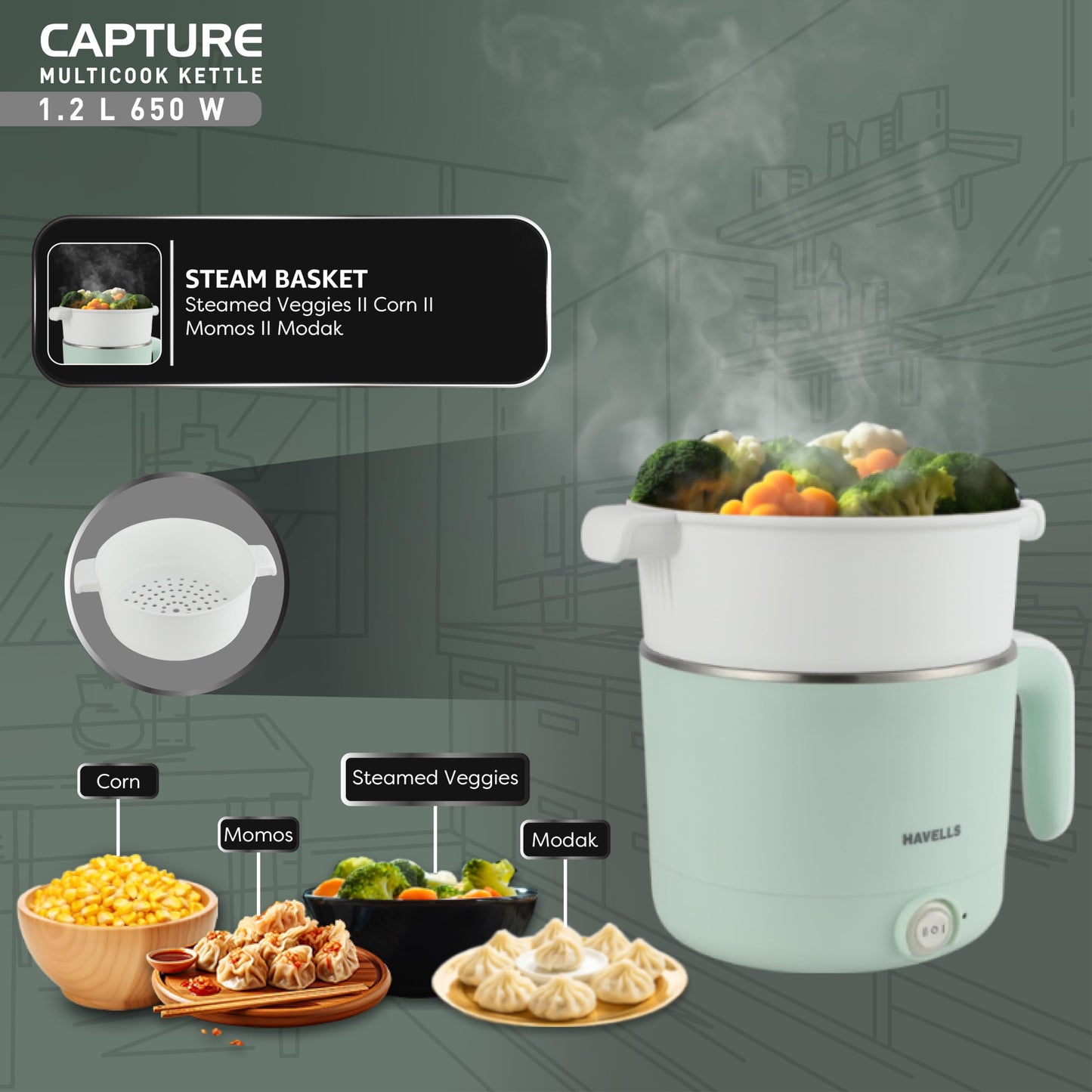 Havells Capture 1.2 L Multi-Cook Electric Kettle with Steamer | 650W |304 Stainless Steel Inner Body|Cooks Noodles, Rice, Milk | Cool-Touch Body | 2-Year Warranty (Green)