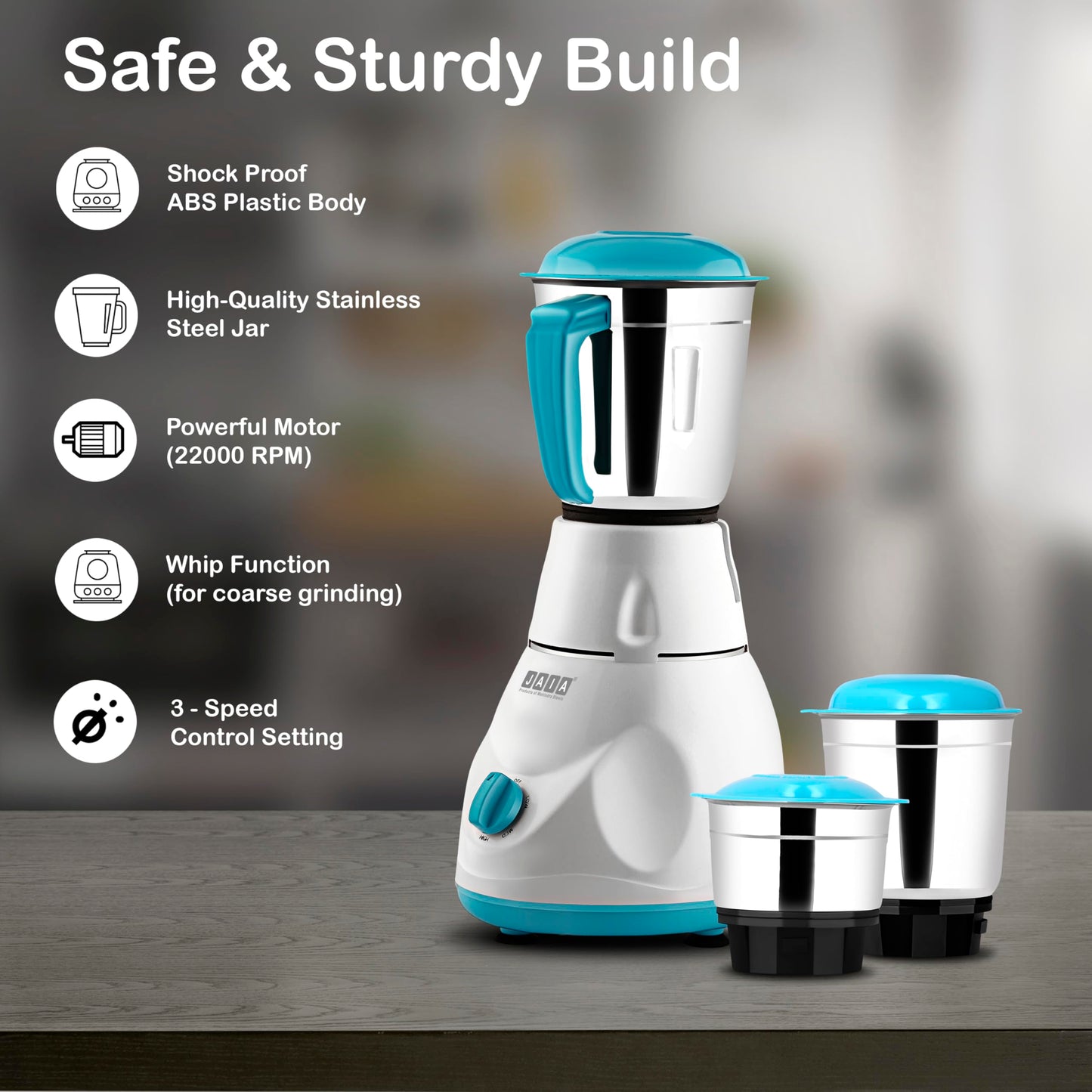 Jaia Fusion Mixer Grinder 550-Watt Mixer Grinder with 3 Jars Liquidizing Wet Grinding and Chutney Jar Stainless Steel blades 1 Year Warranty (Color- CDGreen)