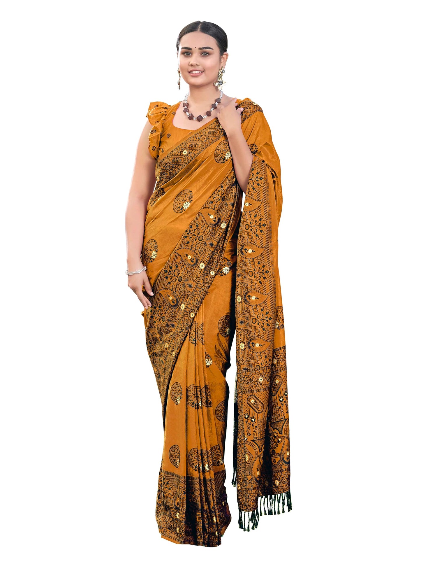 MANOHARI Womens Most Trendy Banarasi Woven Mustard Saree With Heavy Jacquard Work Saree With Blouse Piece