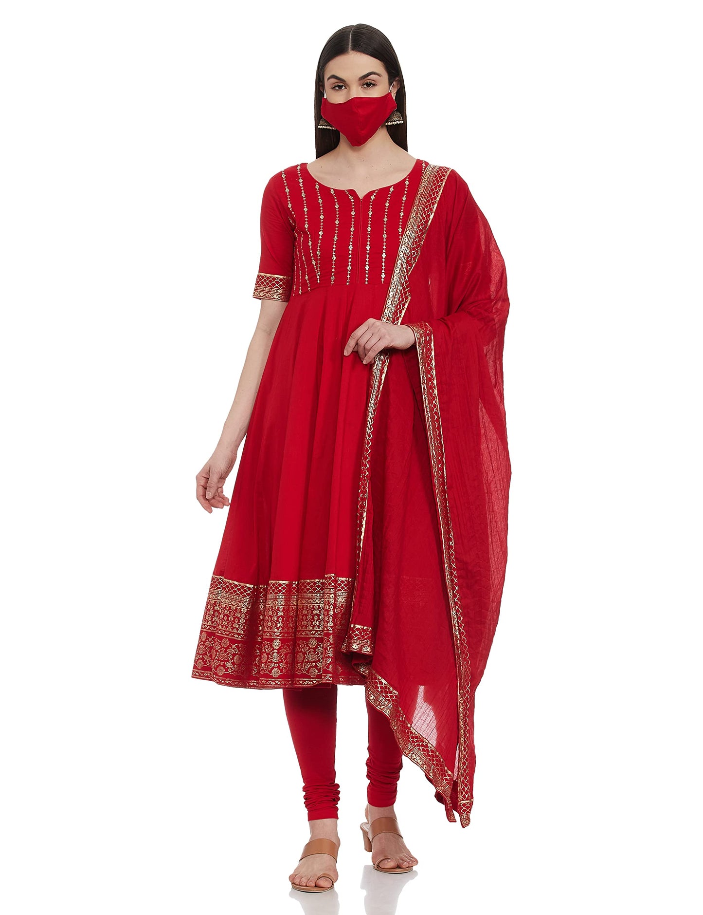 BIBA Women Embroidery Fitted Cotton Blend Salwar Kurta Dupatta(Skd7459E_Red_38)