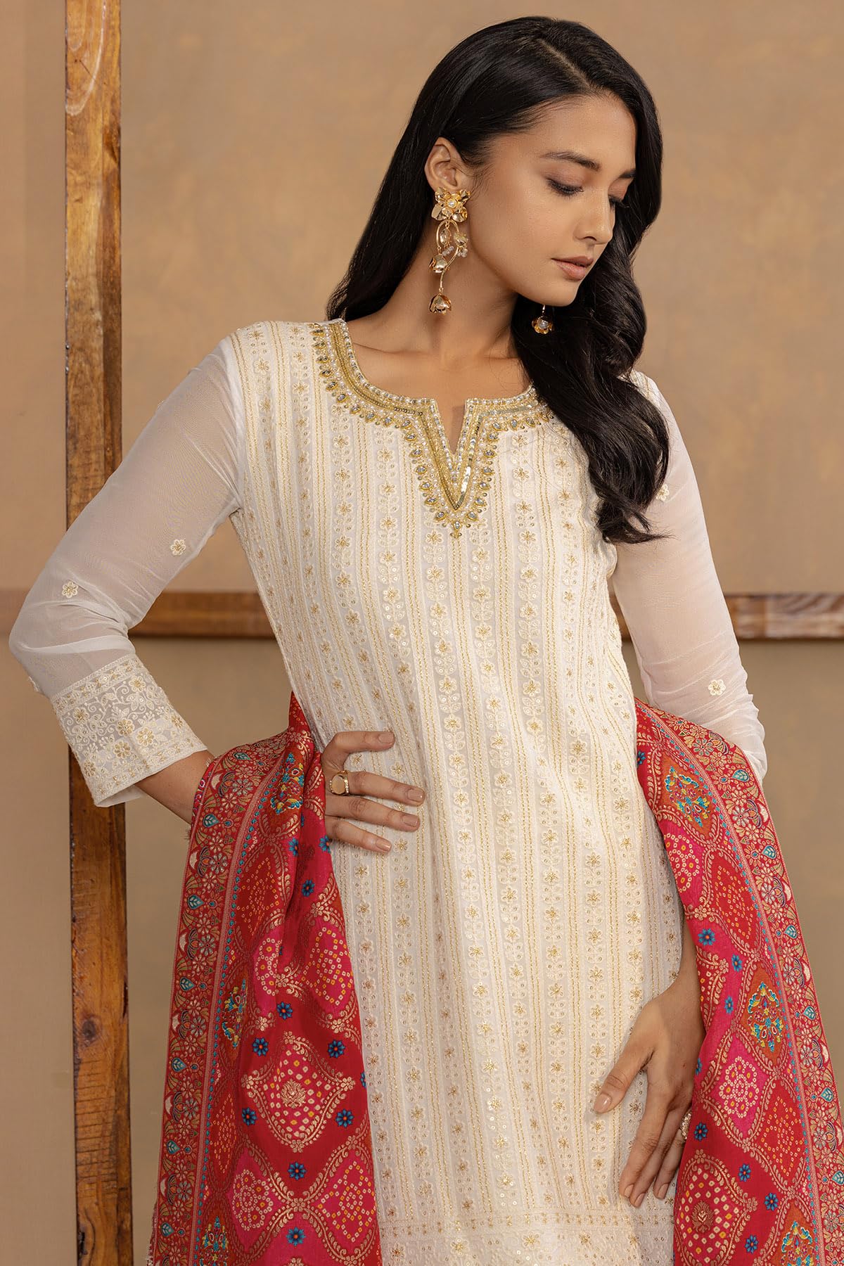 Soch Womens Off White Georgette Embroidered Suit Set With Beads And With Stones