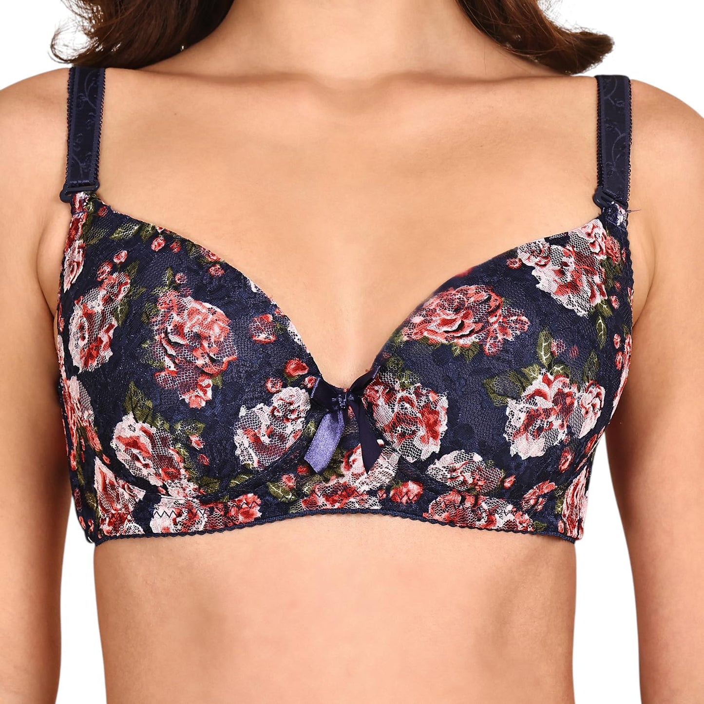 Quttos Lightly Padded Floral T-Shirt Bra with Bows Navy Blue