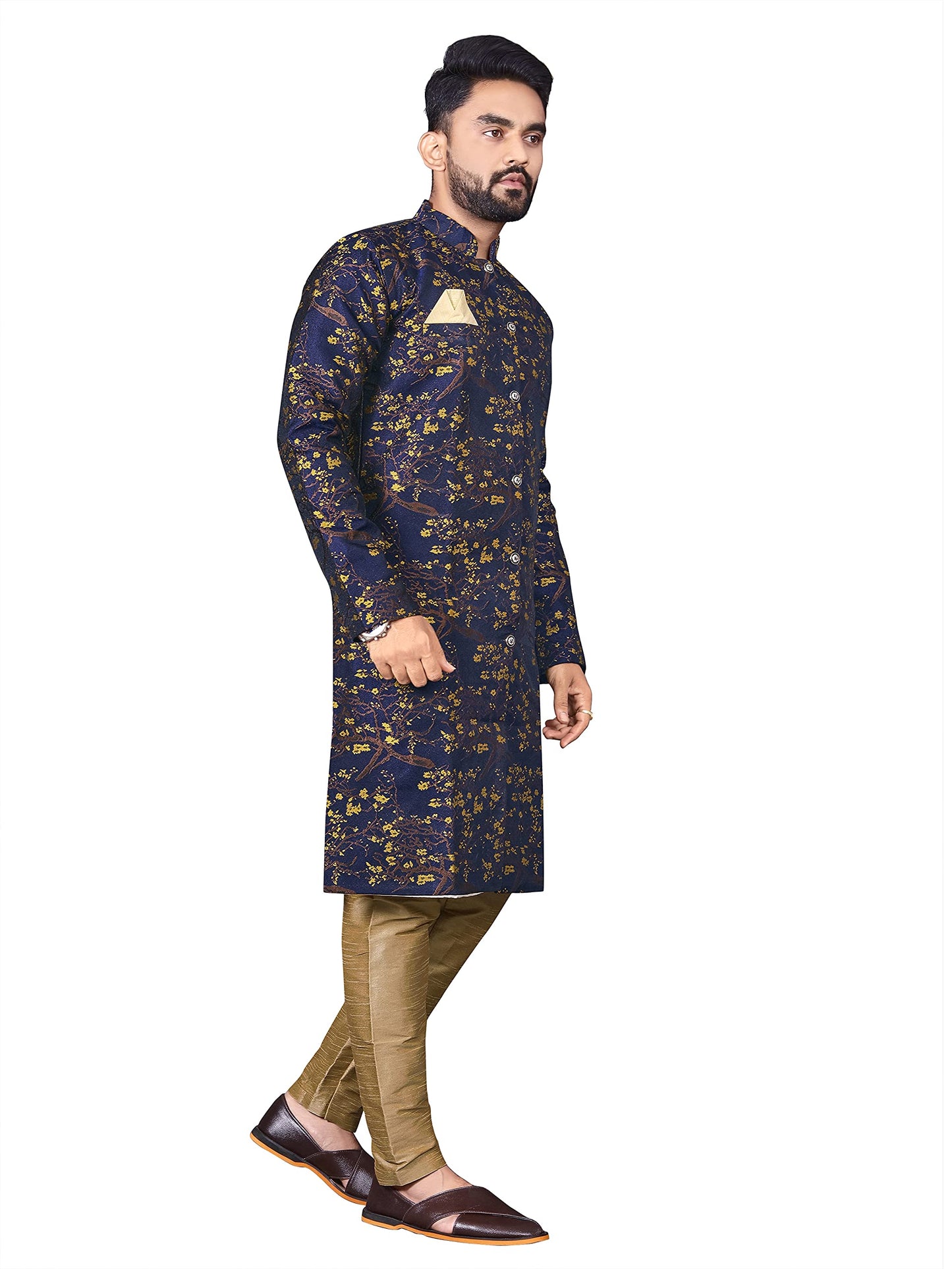 N.B.F Fashion Cotton Mens Casual Style Ethnic Wear Indo Western Set (Xx-Large, Royal Blue Yellow)