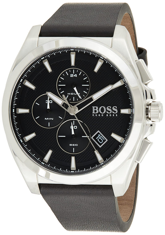 Hugo Boss Leather Grandmaster Analog Black Dial Men Watch-1513881, Black Band