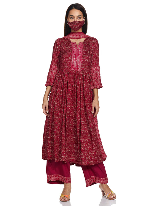 BIBA Women Printed Straight Salwar Kurta Dupatta(SKDPLEASED 7518_Meganta_32) Magenta