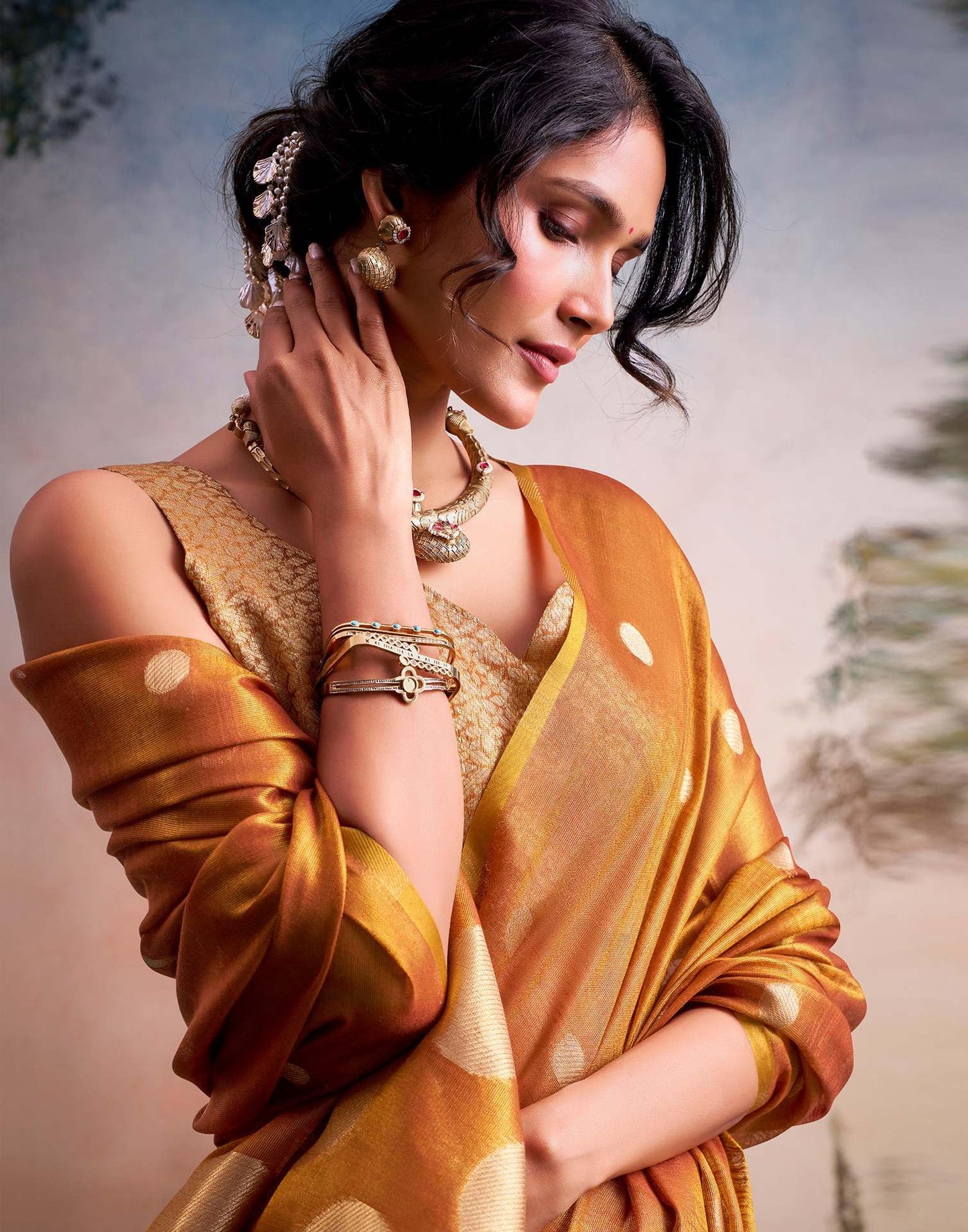 SWORNOF Gold-Toned Woven Design Tissue Saree With Unstitched Blouse Piece (ORANGE)