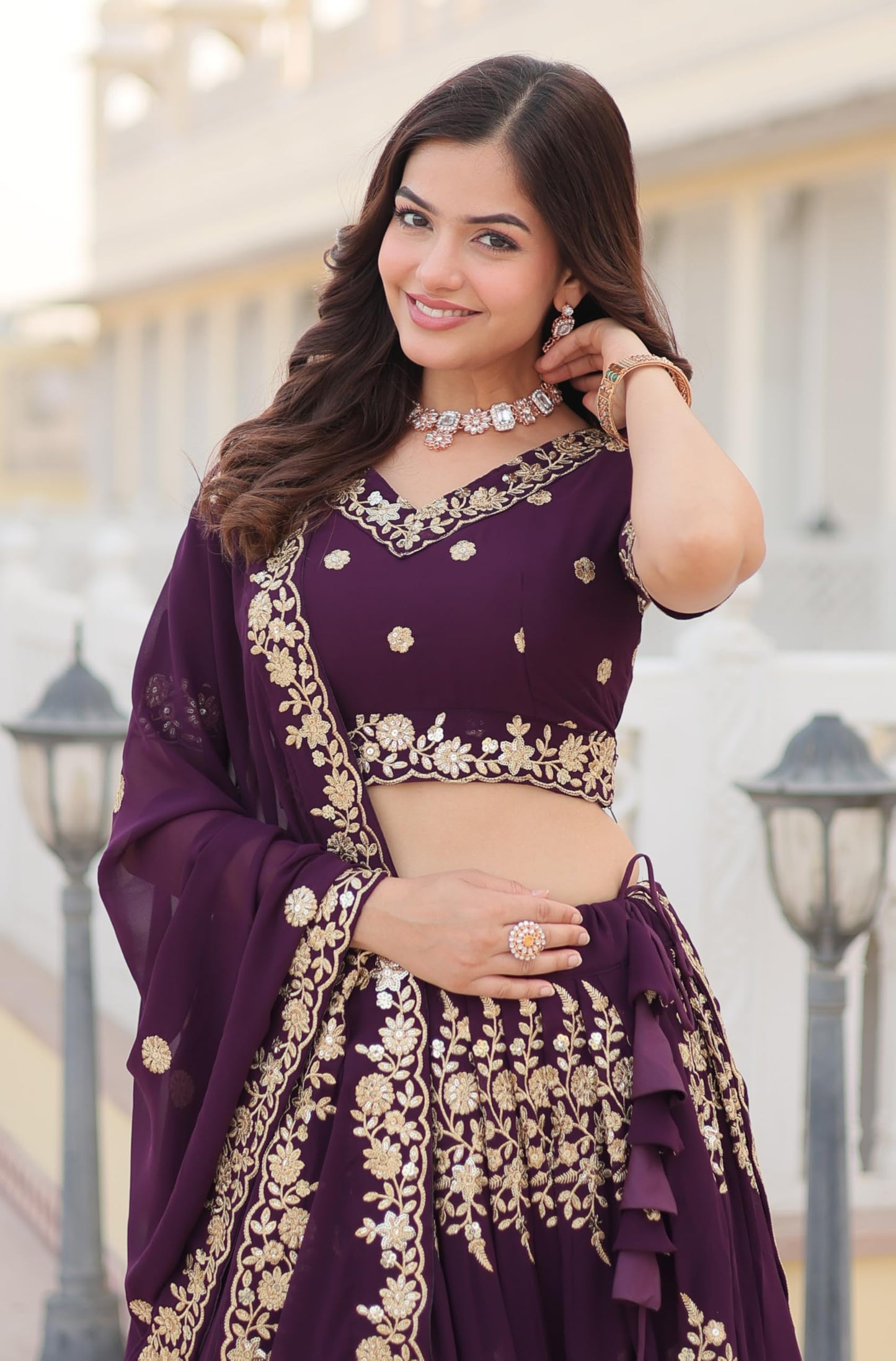 Fashion Basket Georgette Embroidery Stiched Lehenga Choli Duptta Set for Women (Wine, Free)