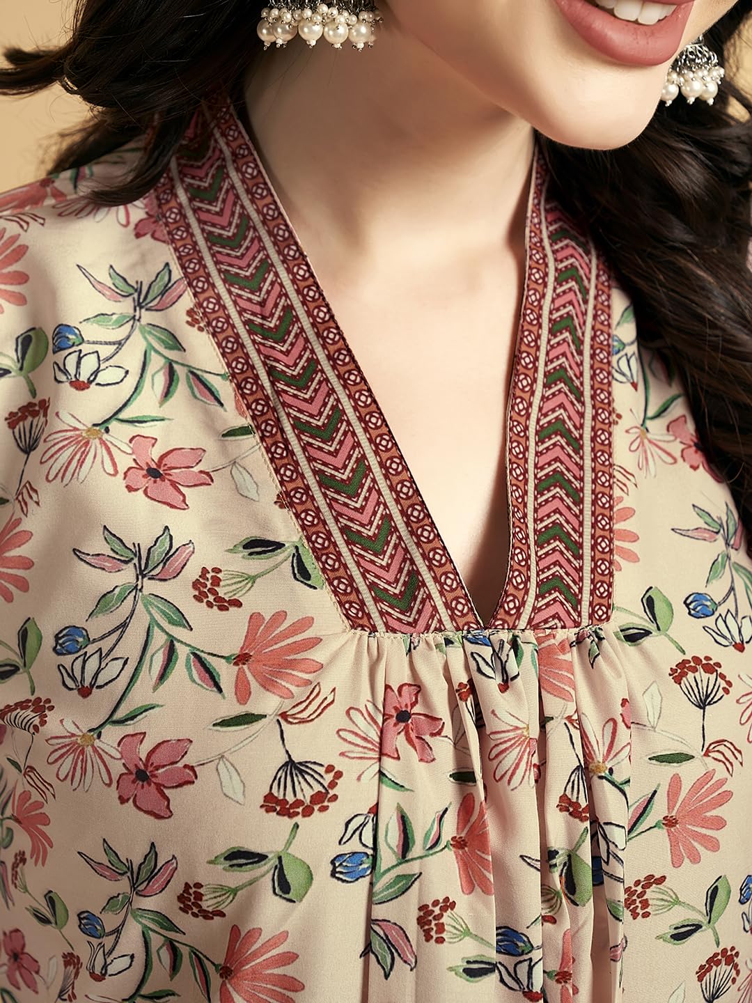 V4M Women's Peach Floral Printed A-Line Kurta Set | Kurta Pant With Dupatta