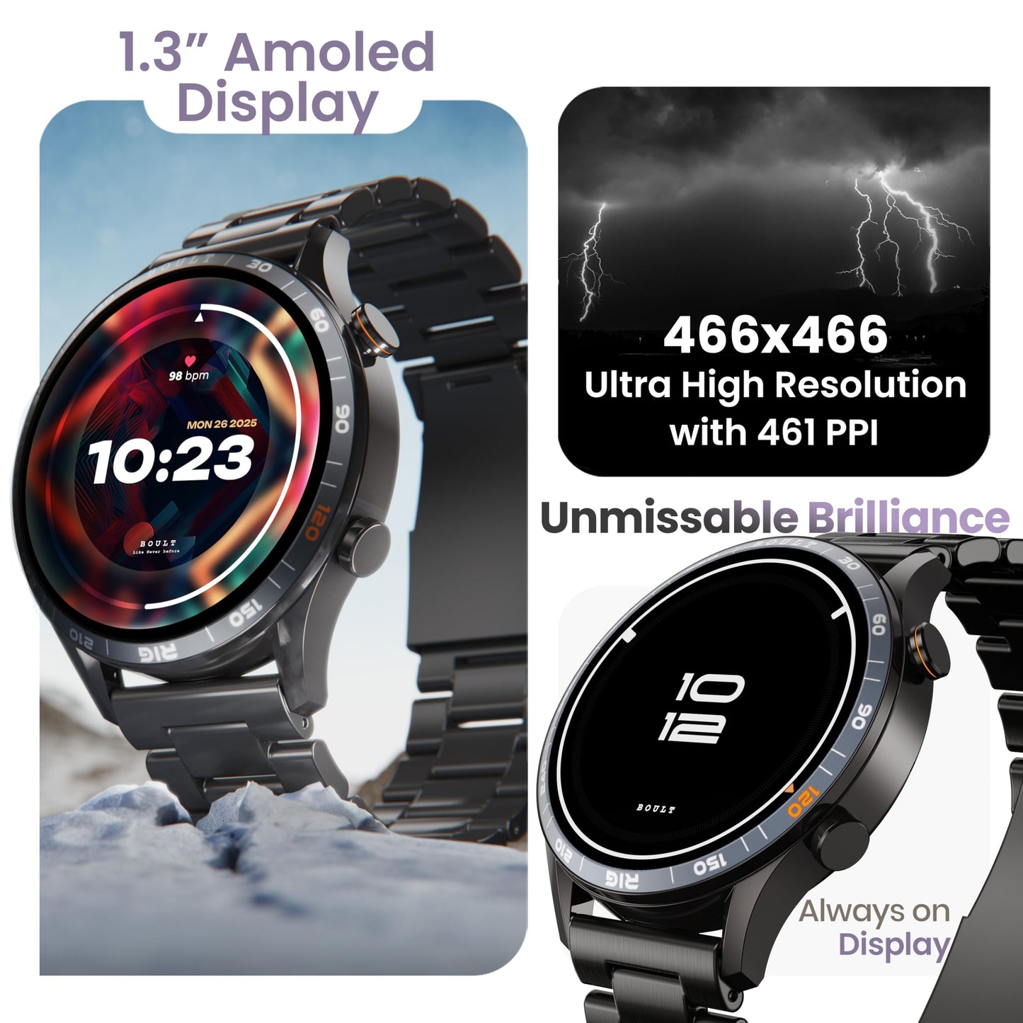 GOBOULT Newly Launched Crown R Pro Smart Watch 1.43''HD AMOLED, BT Calling, Working Crown, Zinc Alloy Frame, 600 Nits Brightness, AI Voice Assistant, SpO2 Monitoring, 120+ Sports Mode (Chrome Rig)