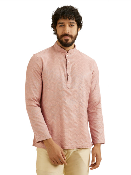 Manyavar Men's Viscose Blend Textured Short Kurta (Pink,XL)