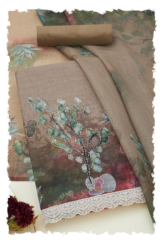 Soch Women's Earth Linen Botanical Print Unstitch Dress Material With Thread Work