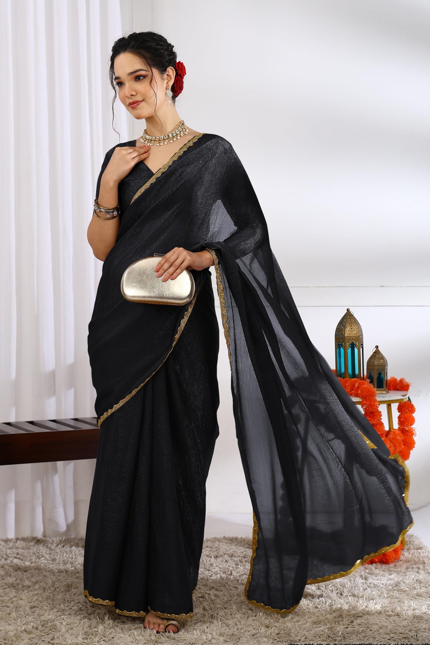 Subham Women's Silk Blend Hand Work Embellished Saree with Blouse Piece (60434 - Black)