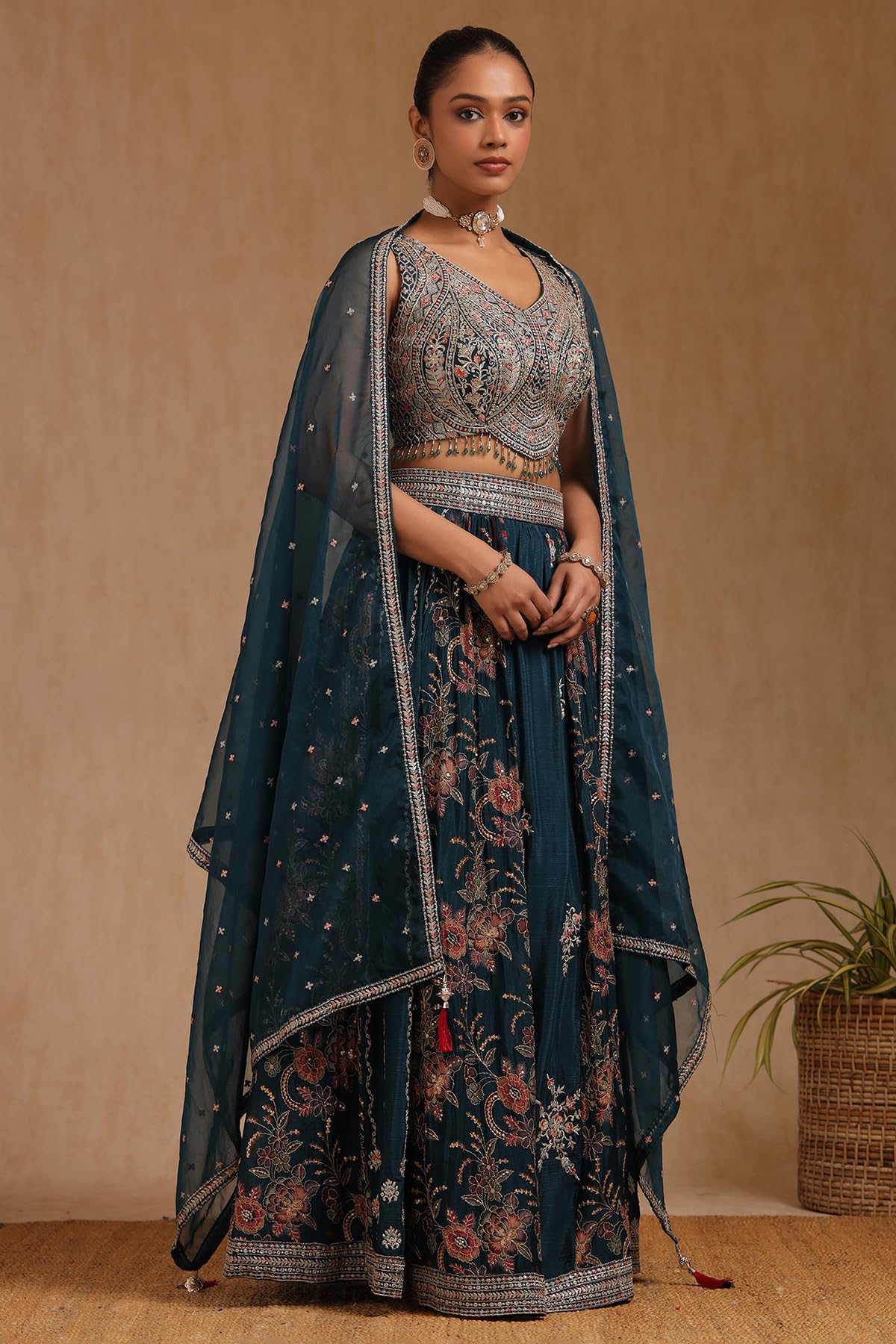 Soch Womens Teal Green Chinon Embroidered Ghagra Choli With Stone Work