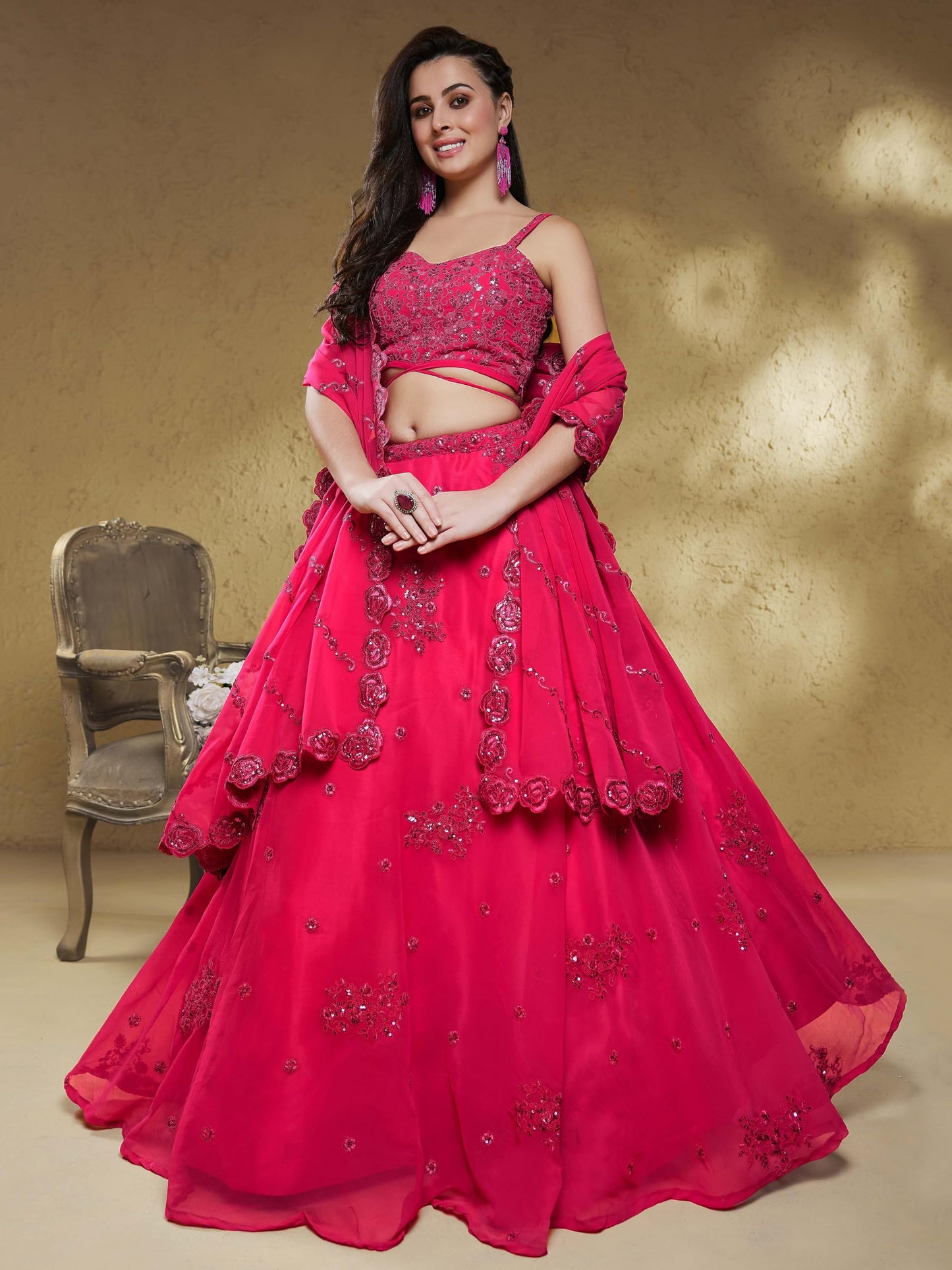 Zeel Clothing Women's Georgette Semi Stitched Lehenga Choli With Dupatta (7060-HotPink-Wedding-Bridal-Stylish-New; Free Size)