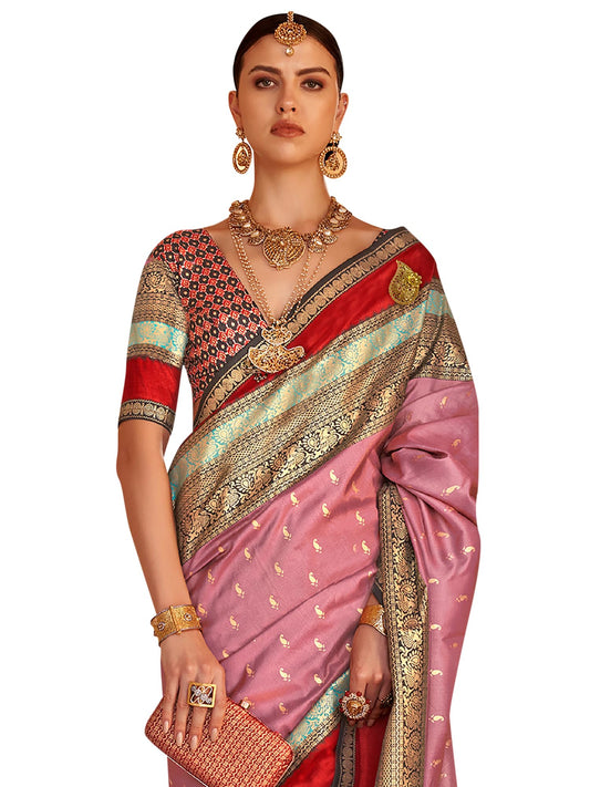 SAREE MALL Women's Woven Design Peacock Print Silk Blend Saree with Unstitched Blouse Piece (Mauve_PRASANG770_RW)