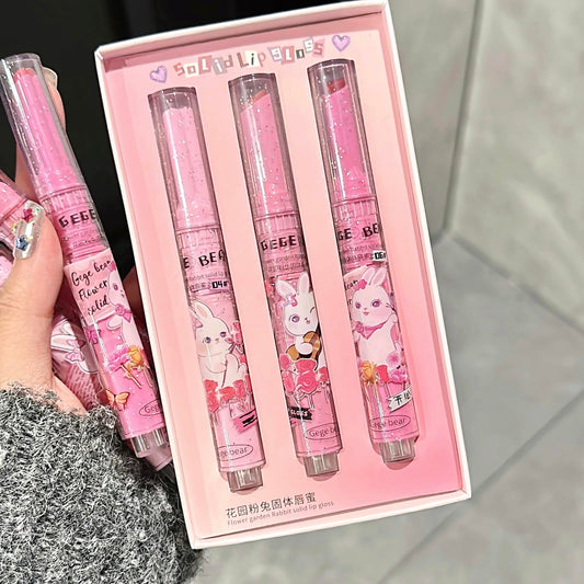 Gege Bear Heart-Shaped Glossy Lipstick Set – 3 Vibrant Shades for Hydrated, Glossy Lips | Click-to-Dispense, Travel-Friendly Design (Set B - #4,#5,#6, Pack of 3)