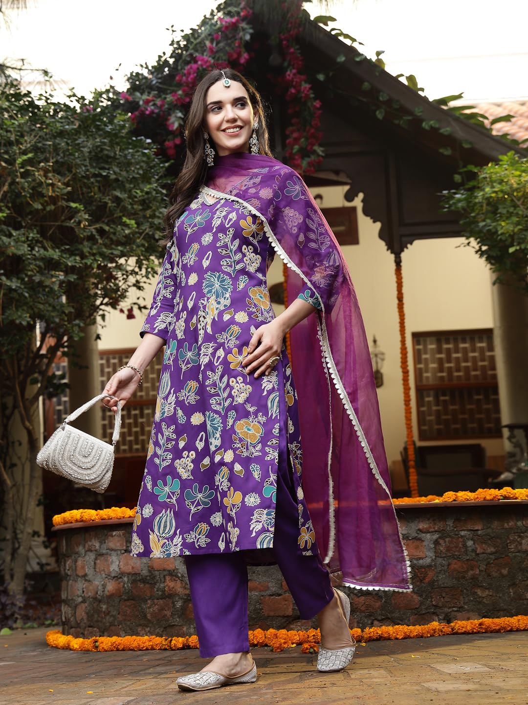 Stylum Women's Floral Printed Rayon Straight Kurta Pant Dupatta Set