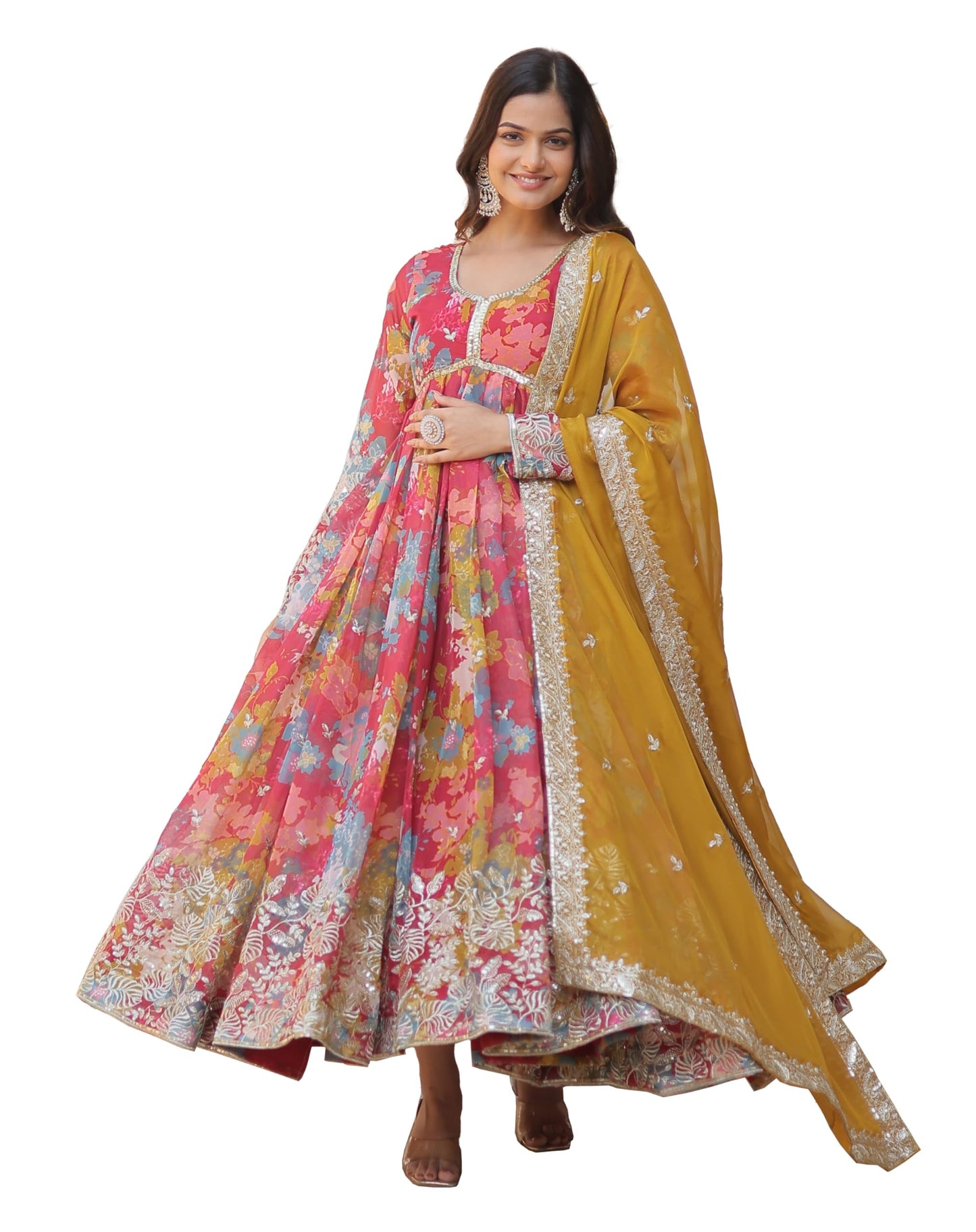 Fashion Basket Women's Pink Georgette Anarkali Kurta Set (Medium, Pink)