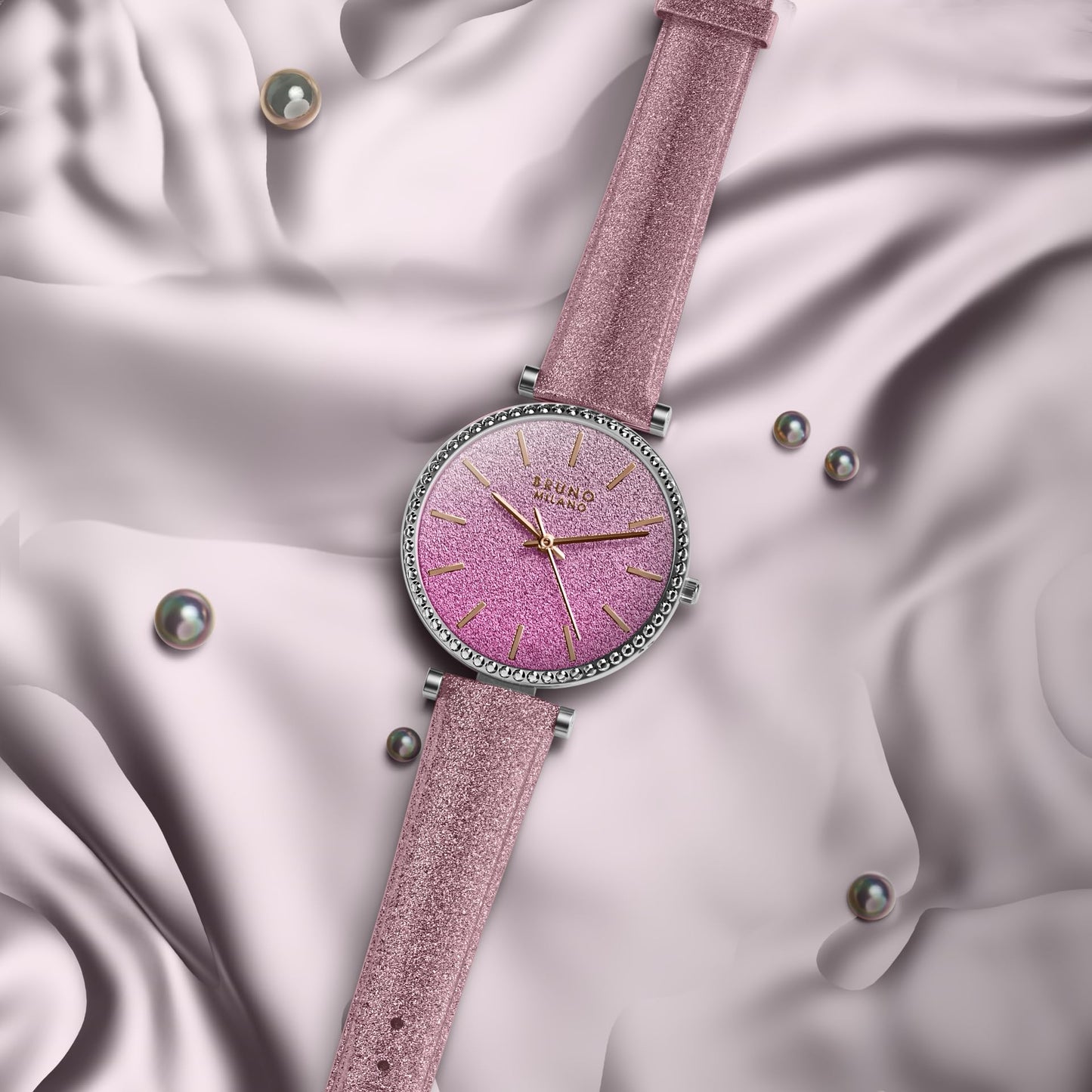 BRUNO MILANO Fashion Forward Diamond Studded Bezel Watch with Glitter for Women and Girls (Dark Pink)