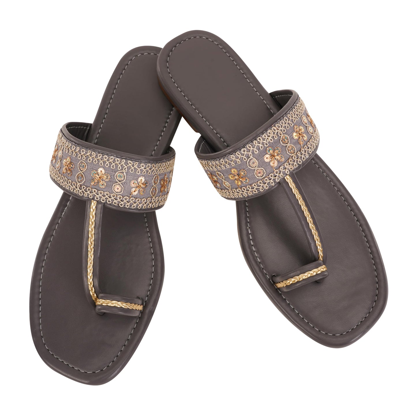 Soleura Women’s Ethnic Kolhapuri Flats – Comfortable Casual Sandals for Everyday Use & Festive Look, Stylish Traditional Slip-On Footwear (Grey, UK Footwear Size System, Adult, Women, Numeric, Medium, 6)