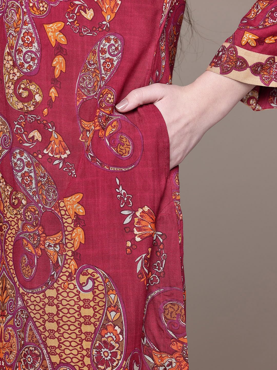 Aarke Ritu Kumar Maroon Dandelion Round Neck Kurta With Pant And Dupatta