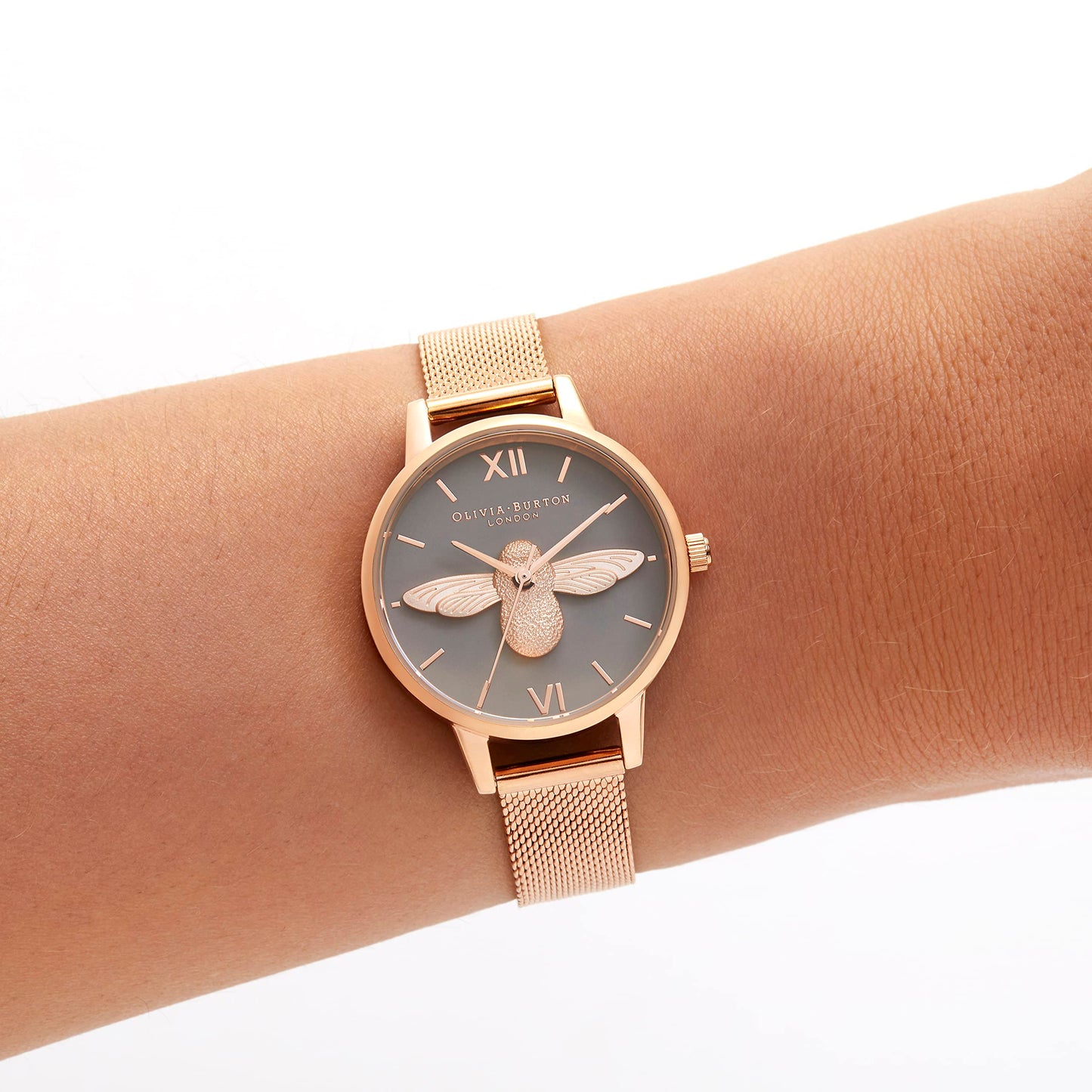 Olivia Burton 3D Bee Qtz Basic Grey & Bee Round Dial Women's Watch|Ionic Plated Rose Gold Steel Material|Gold Color Band - OB16EX116