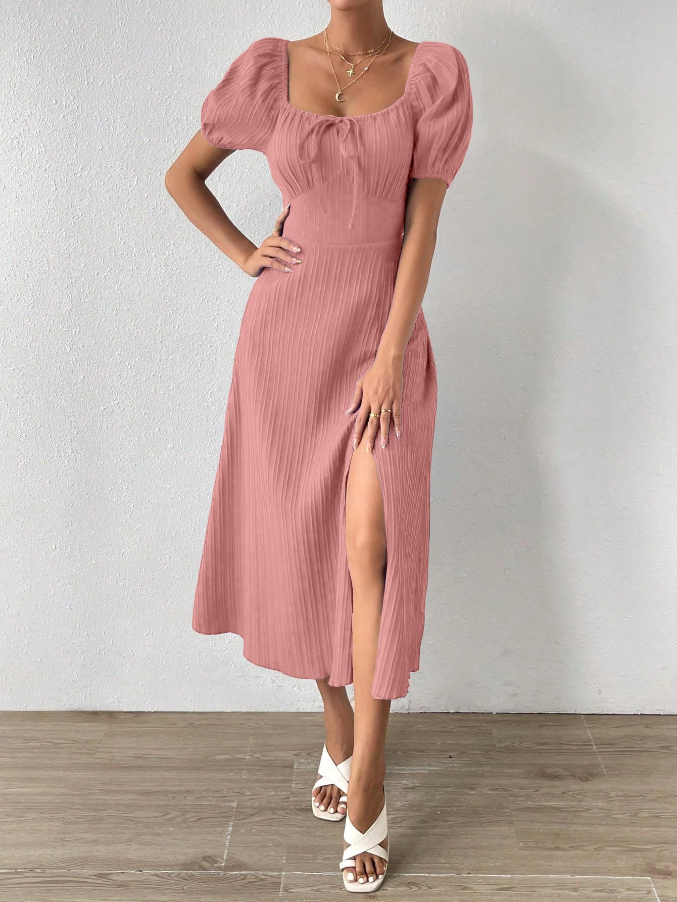 Shasmi Women's & Girl's Peach Tie Front Split Thigh Milkmaid Maxi Dress – Square Neck Puff Sleeve A-Line Long Dress, Elegant Casual & Parties Wear for Ledies (Dress 245 Peach-XL)